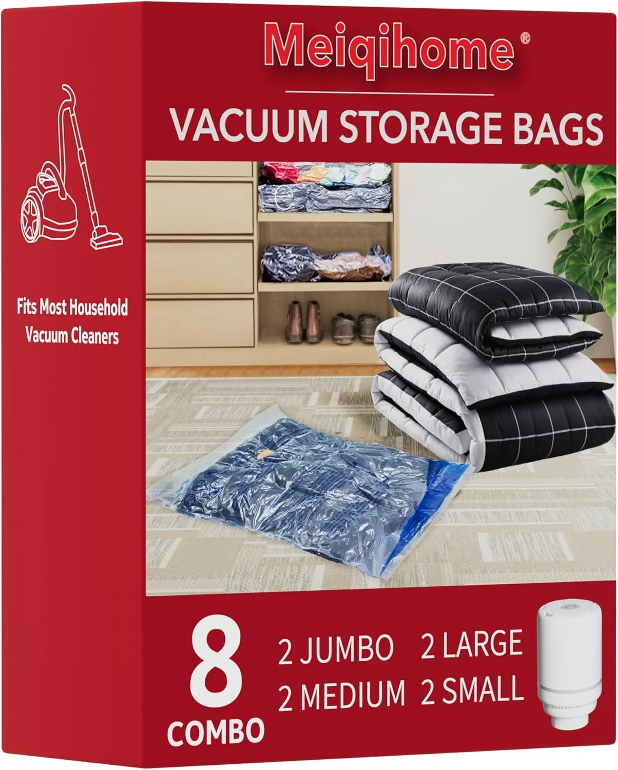 Vacuum Bags with Electric Air Pump, 2 Jumbo, 2 Large, 2 Midi, 2 Small Bags, Space Saving Seal Bags, Airtight Compressio…