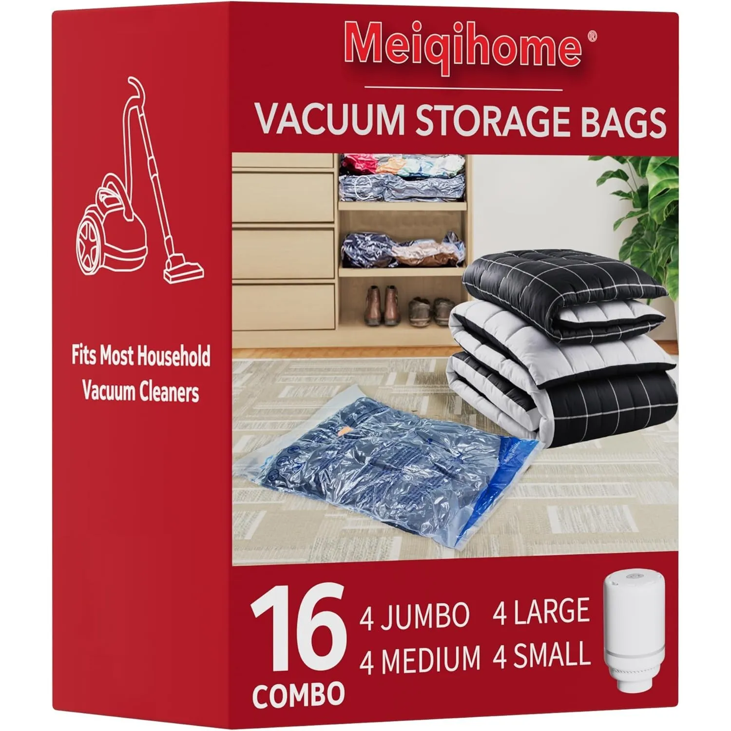 MEIQIHOME 16er Set Vakuumbeutel mit Elektrischer Pumpe – 4J/4L/4M/4S – Kompressionsbeutel für Kleidung, ideal für Umzug…