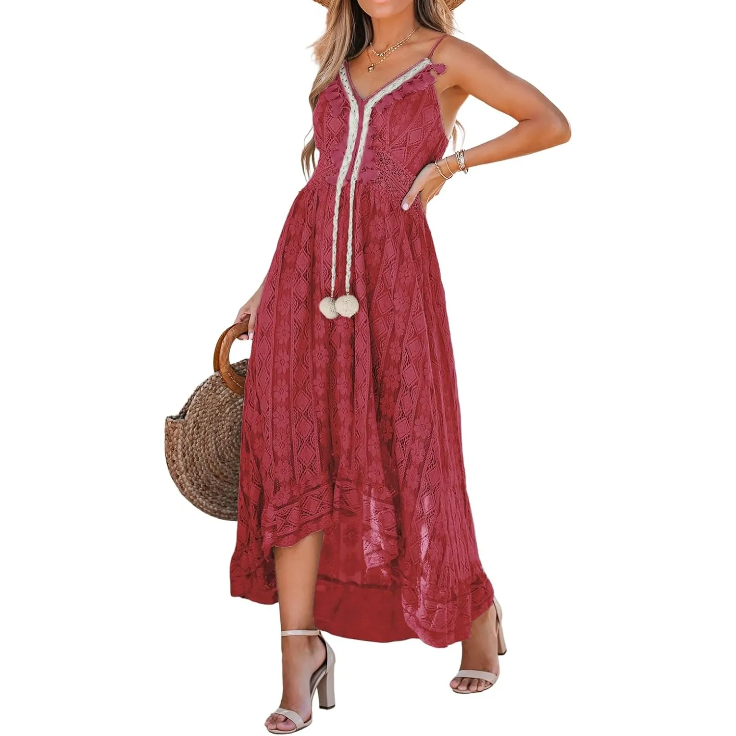 CUPSHE Damen Sommerkleid Boho Spitze V Ausschnitt Ärmellos Strandkleid