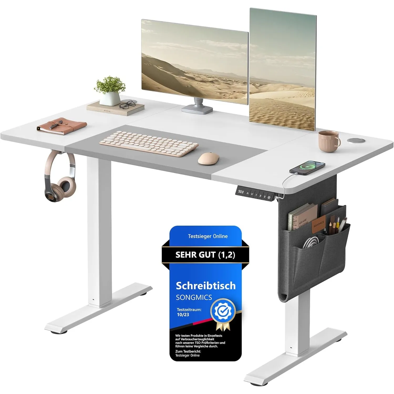 SONGMICS Höhenverstellbarer Schreibtisch elektrisch, 120 x 60 cm, stufenlos verstellbar, Memory-Funktion mit 4 Höhen, w…