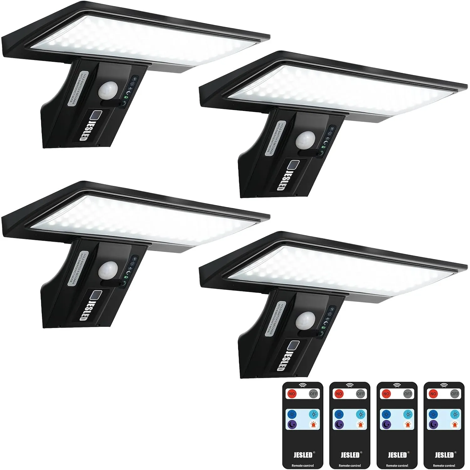 JESLED Solarleuchte für den Außenbereich, 90 LEDs, Bewegungsmelder, 3 Modi, IP65, austauschbarer Akku, 4 Stück