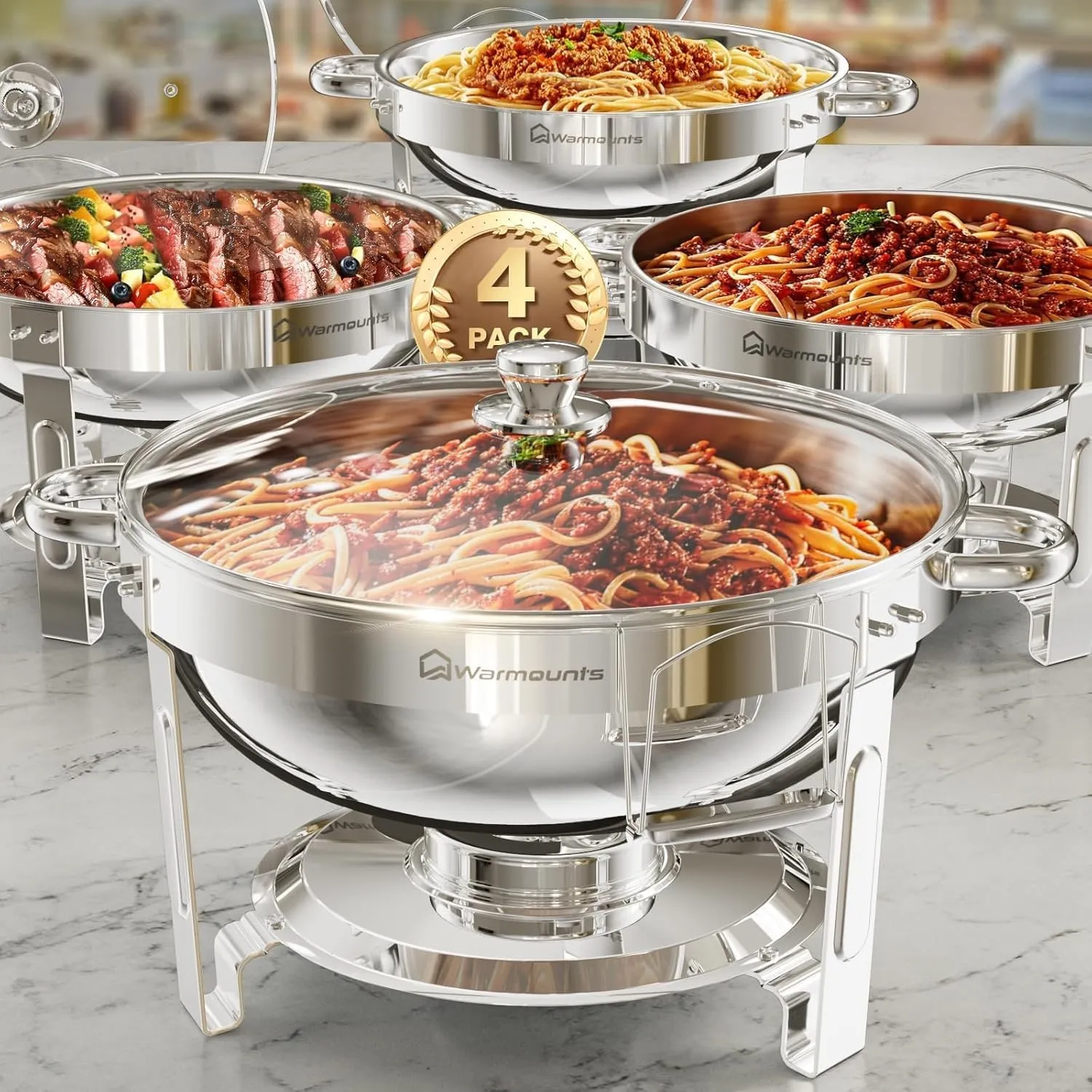 WARMOUNTS Chafing Dish Buffet 5L 4er Set Silber, Rund Speisenwärmer für Catering mit Glasdeckel & Deckelhalter, Hochgla…