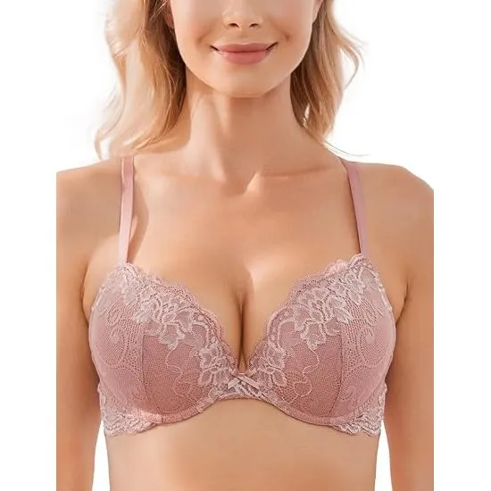 Wingslove Damen Push Up BH mit floraler Spitze gepolsterter Bügel BH Komfort BH