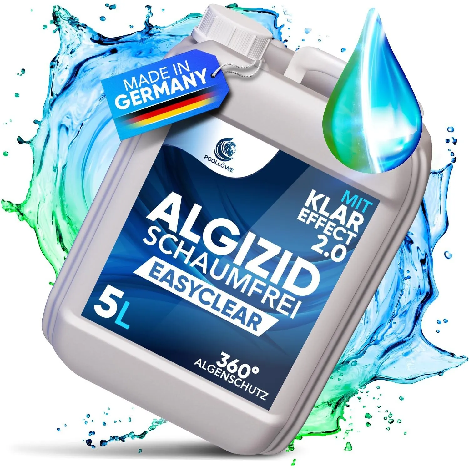 PoolLöwe® Algenvernichter Pool mit Klareffekt 2.0 und [360° Algenschutz] | Algizid für Pool flüssig 5L | Maximaler Alge…