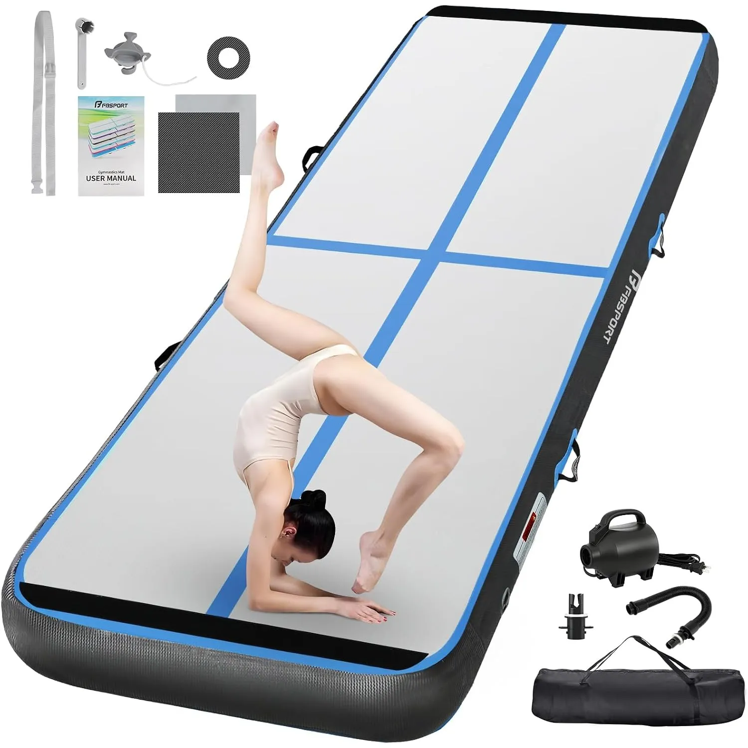 FBSPORT Airtrack Matte,10/20cm Hoch Verdicken 2/3/4/5/6/ M Tumbling Matte,Gymnastikmatte mit Luftpumpe,Trainingsmatte m…