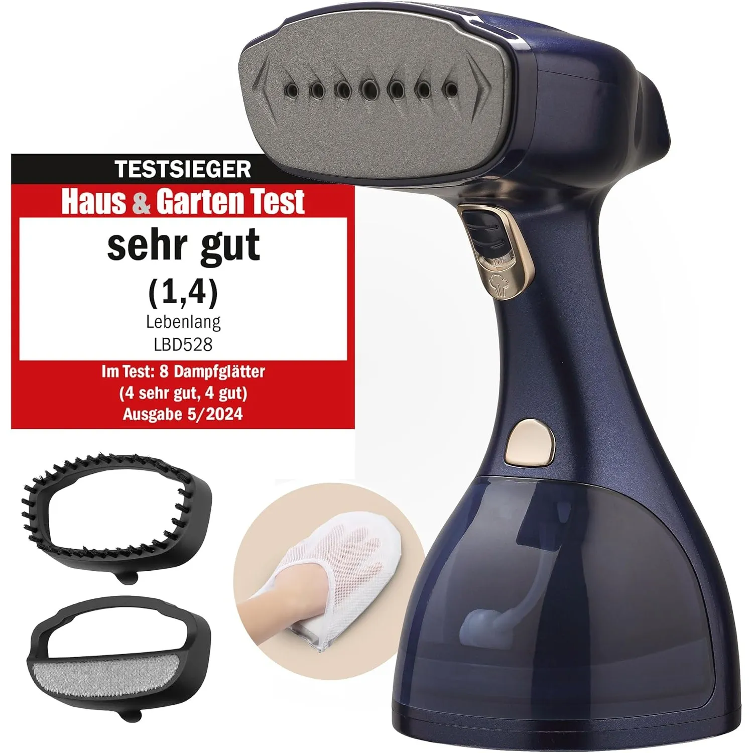 LEBENLANG Steamer Dampfglätter TESTSIEGER - 1500W & 300ml I Blau | Inkl. Bügelhandschuh & Aufsätze I Pro Dampfsteamer f…