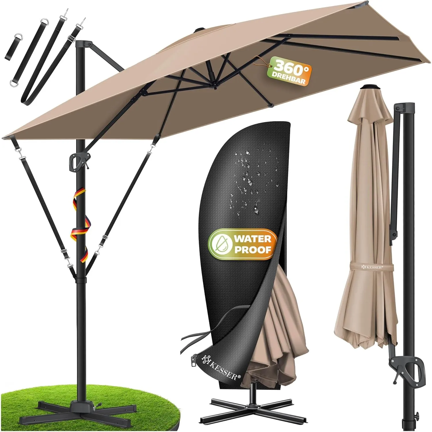 KESSER® Sonnenschirm Ampelschirm Sun XL 300 x 300 cm Inkl. Abdeckung +Windsicherung Drehbar Neigbar Kippbar Marktschirm…