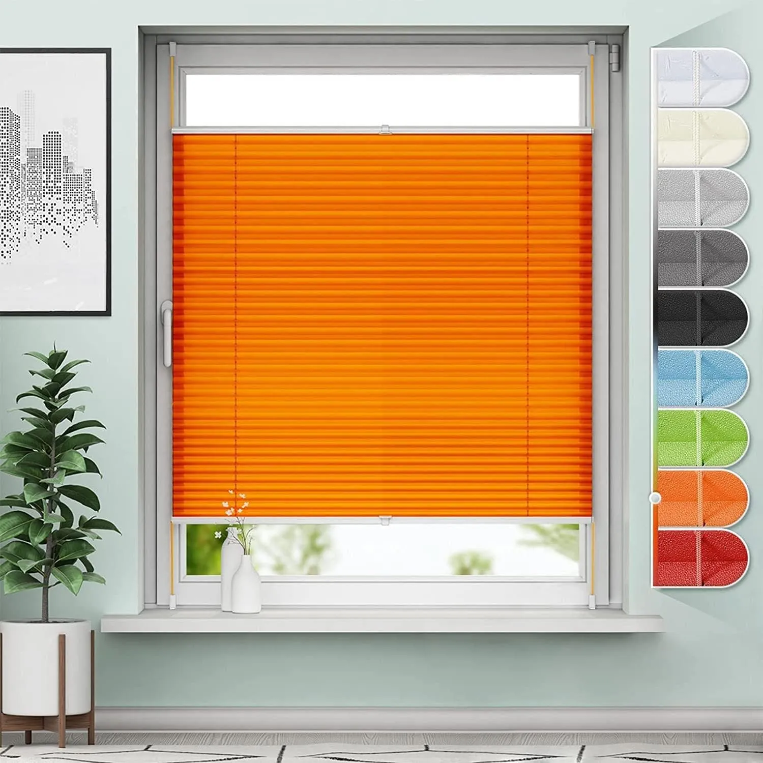 Sanfree Plissee ohne Bohren Klemmfix Orange B80 x H110cm Jalousie Faltrollo Plisseerollo ohne Bohren für Fenster & Tür