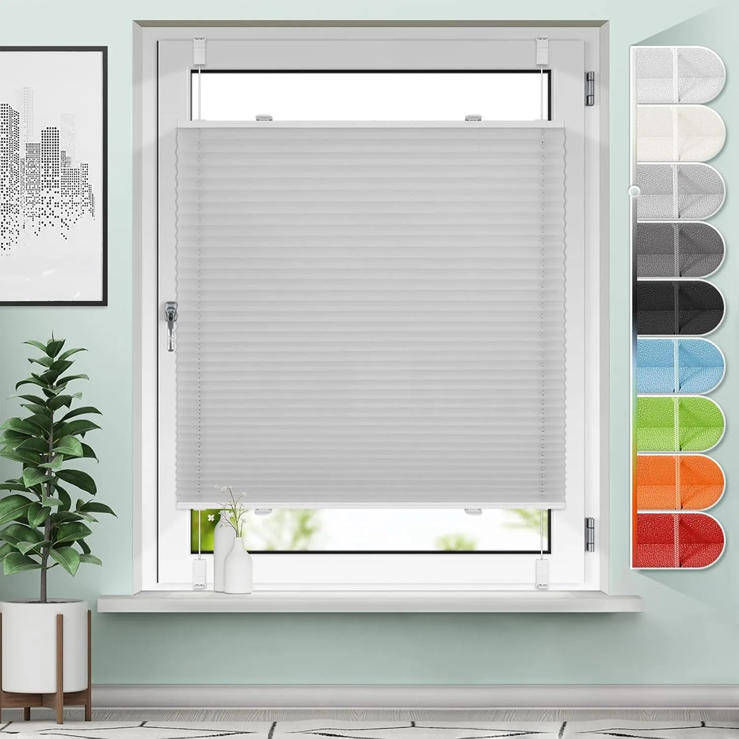 Sanfree Plissee ohne Bohren Klemmfix Hellgrau B85 x H110cm Jalousie Faltrollo Plisseerollo ohne Bohren für Fenster & Tür
