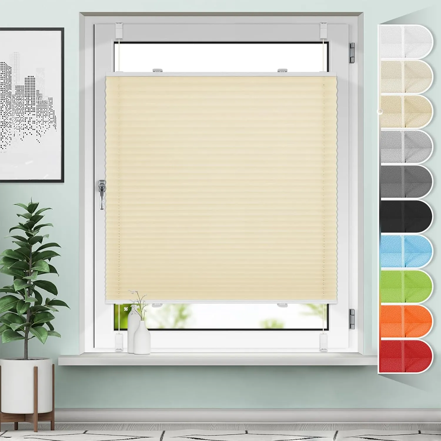 Sanfree Plissee ohne Bohren Klemmfix Creme B65 x H110cm Jalousie Faltrollo Plisseerollo ohne Bohren für Fenster & Tür