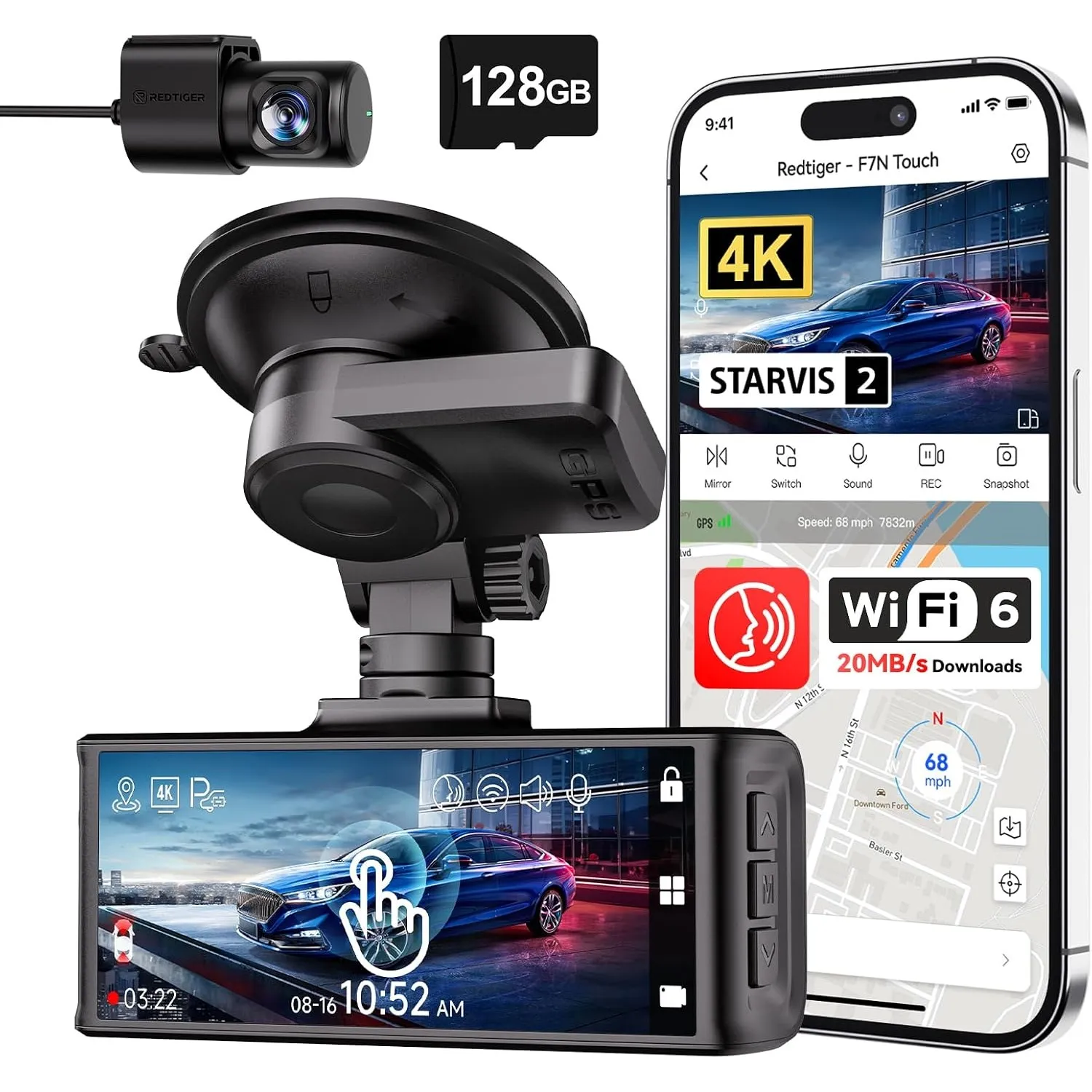 REDTIGER F7N Touch 4K STARVIS 2 Dashcam Auto Vorne Hinten, Sprachsteuerung