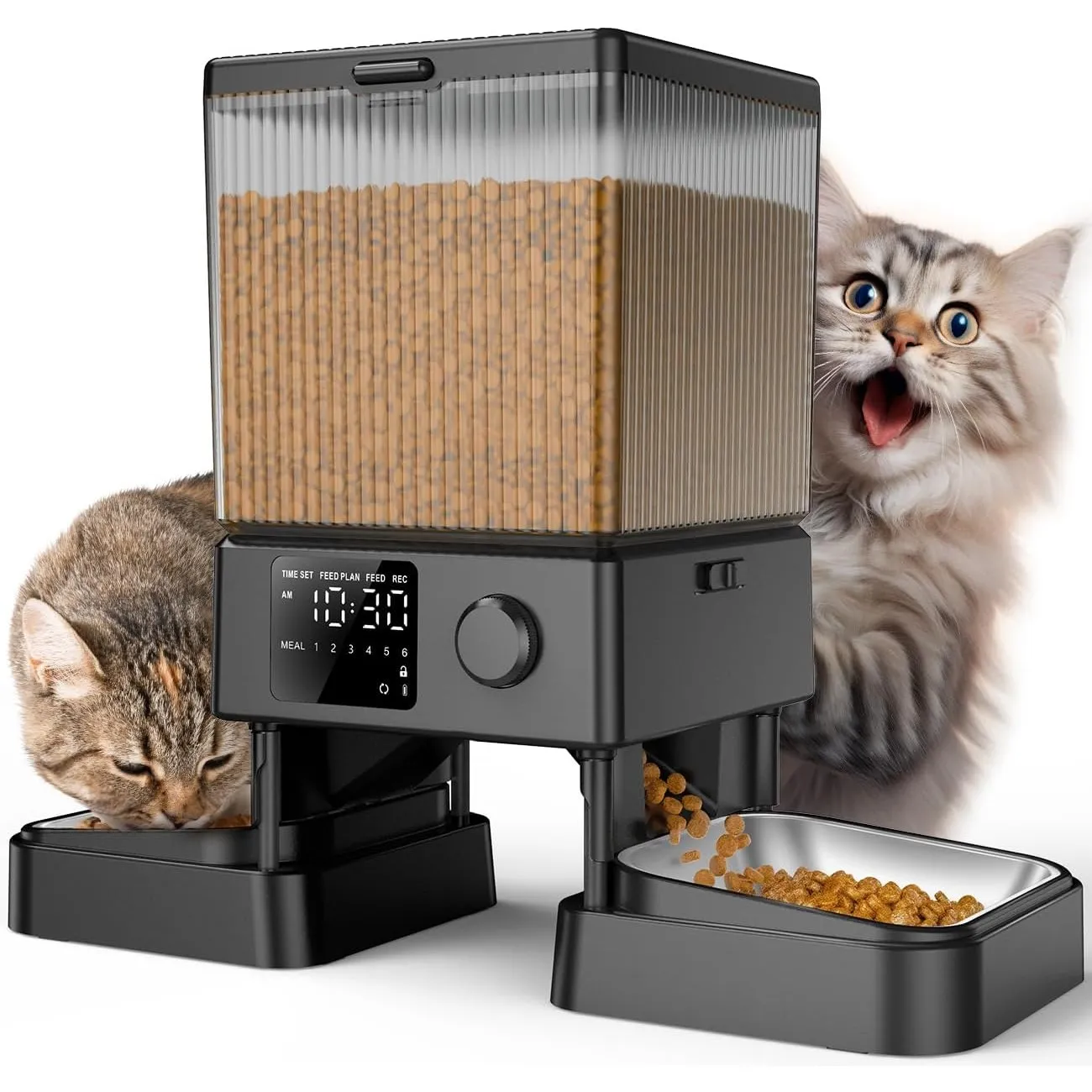 oneisall 5L Futterautomat Katze 2 Näpfe, Katzenfutter Automat mit einem Knopf, Einfache Bedienung, Futterspender für Ka…