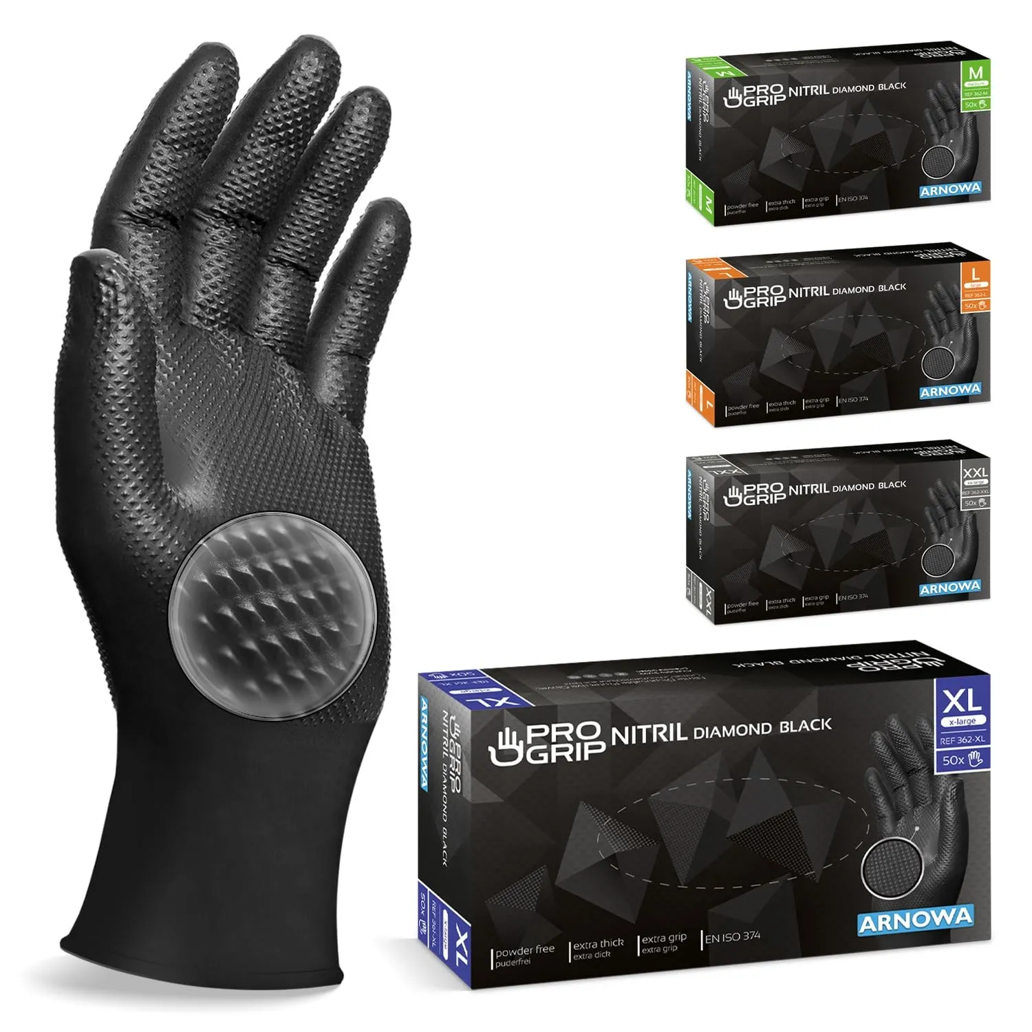 50x PROGRIP Einweghandschuhe Diamant Grip Schwarz, Nitrilhandschuhe XL | Einmalhandschuhe Extra Stark, Handschuhe Einwe…