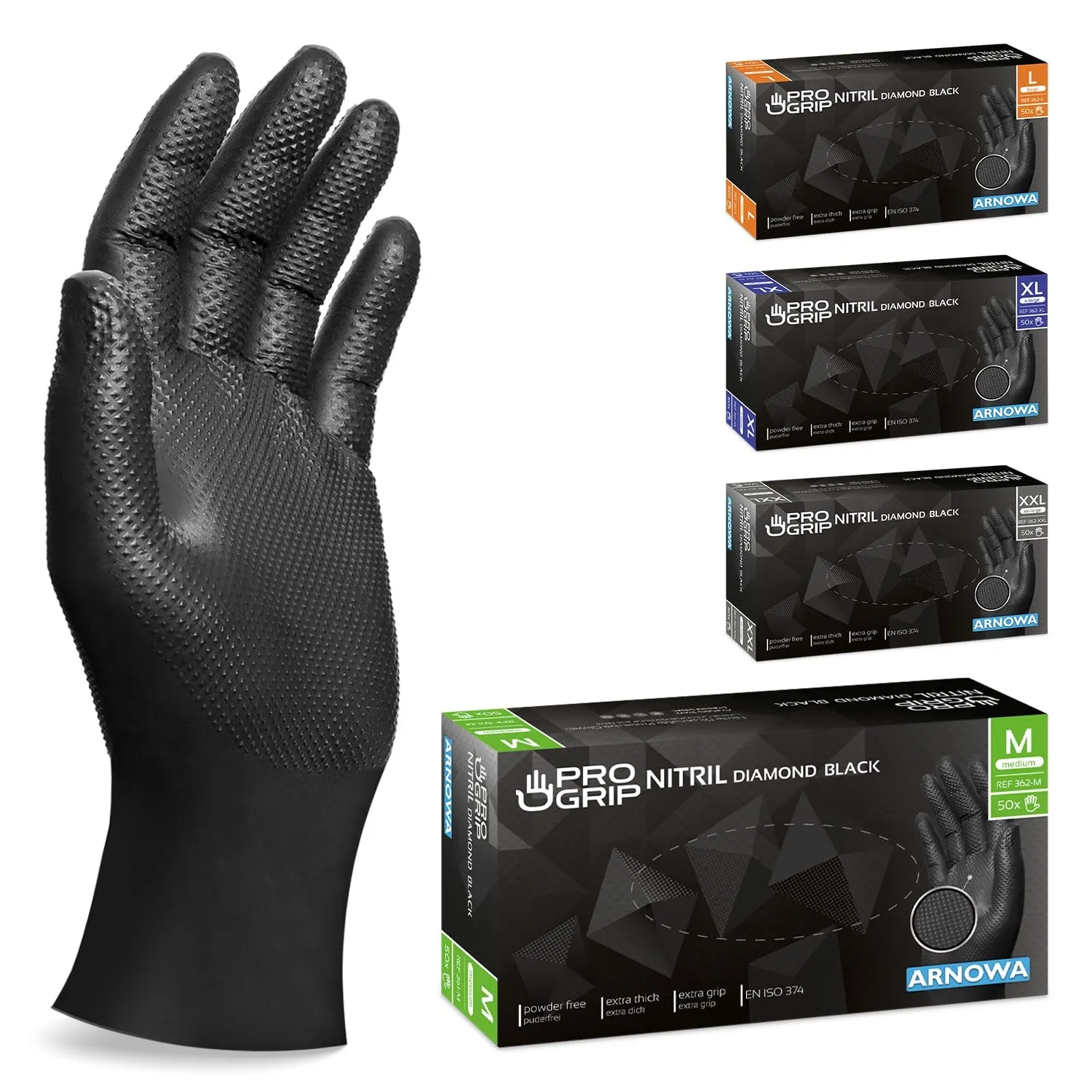50x PROGRIP Einweghandschuhe Diamant Grip Schwarz, Nitrilhandschuhe M | Einmalhandschuhe Extra Stark, Handschuhe Einweg…