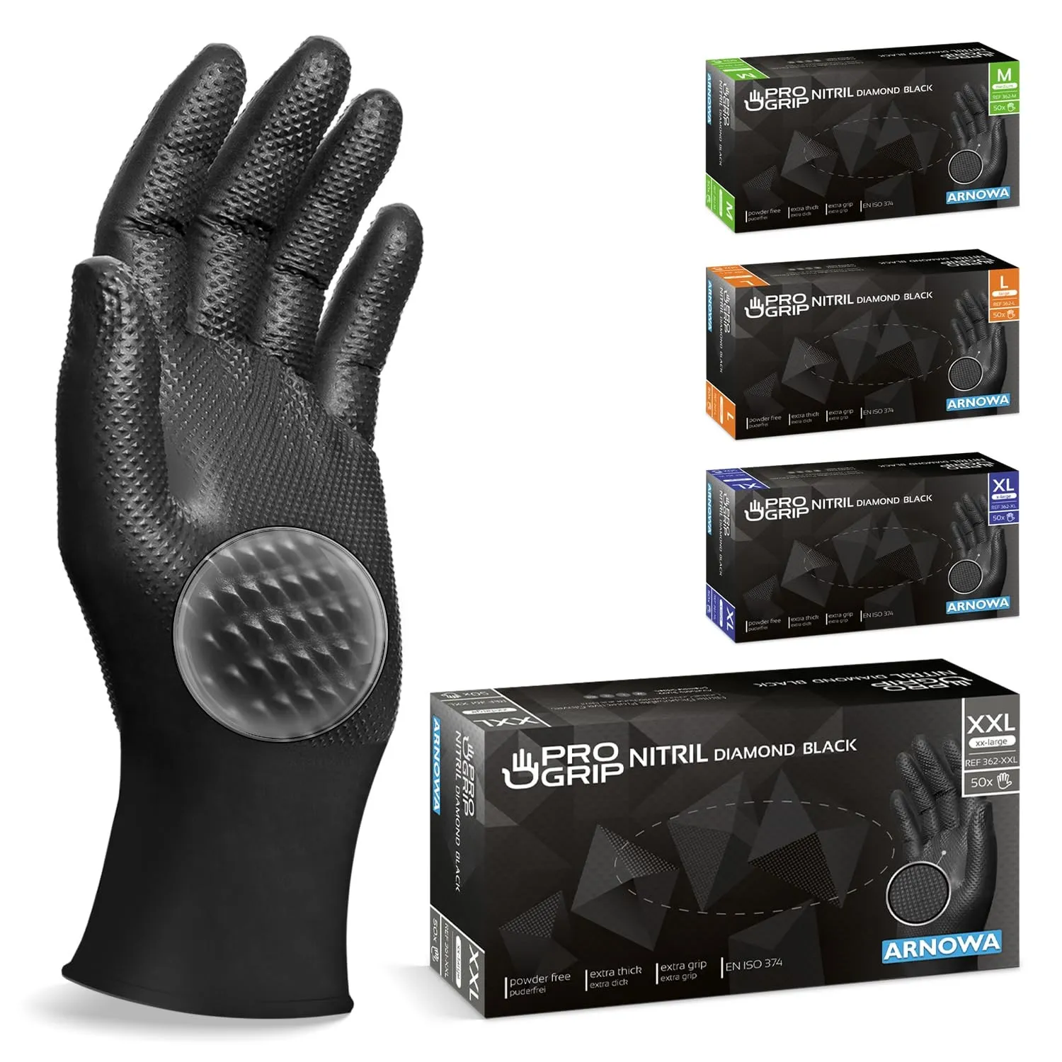 50x PROGRIP Einweghandschuhe Diamant Grip Schwarz, Nitrilhandschuhe XXL | Einmalhandschuhe Extra Stark, Handschuhe Einw…