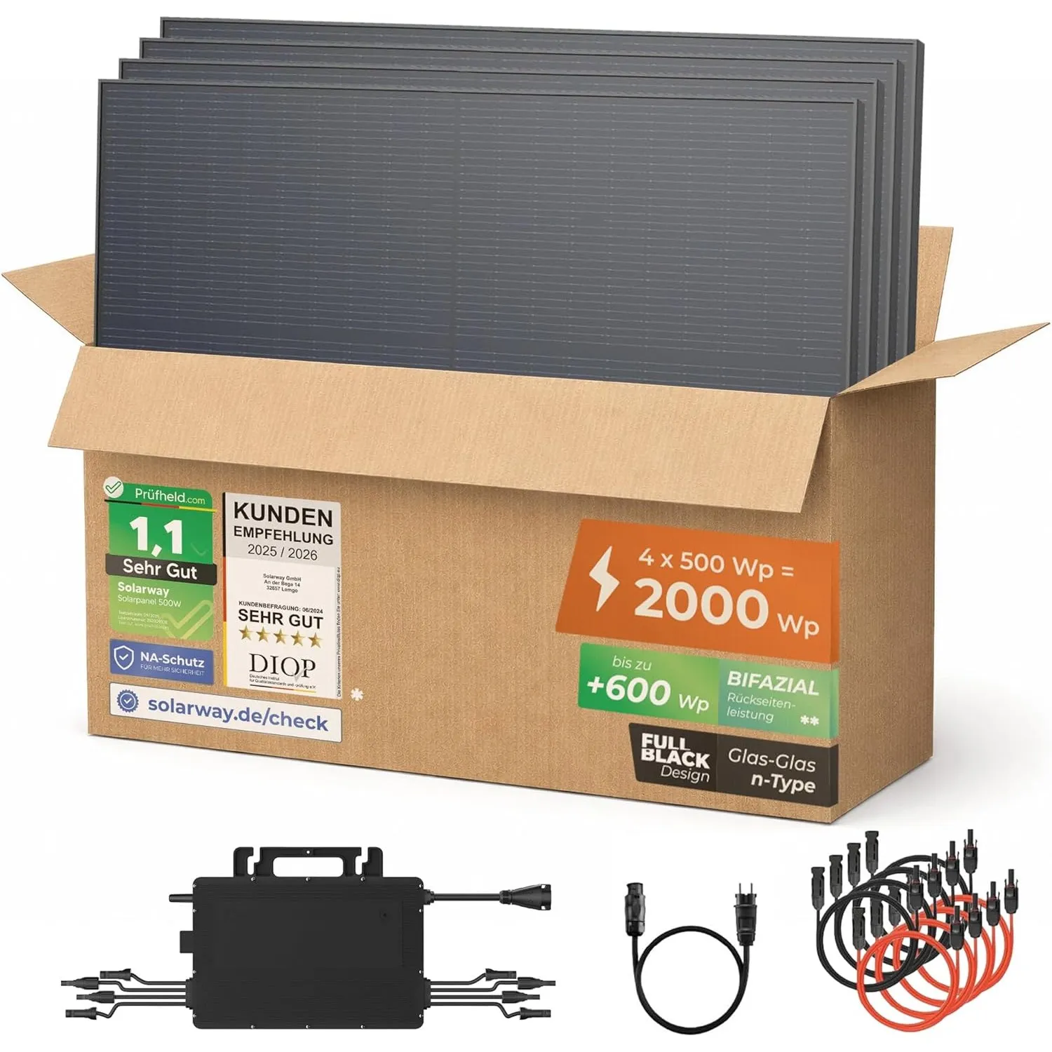 Solarway® Balkonkraftwerk 2000W – Komplettset mit neuestem Hoymiles HiFlow 2000 PRO Wechselrichter – 4× 500Wp bifaziale…