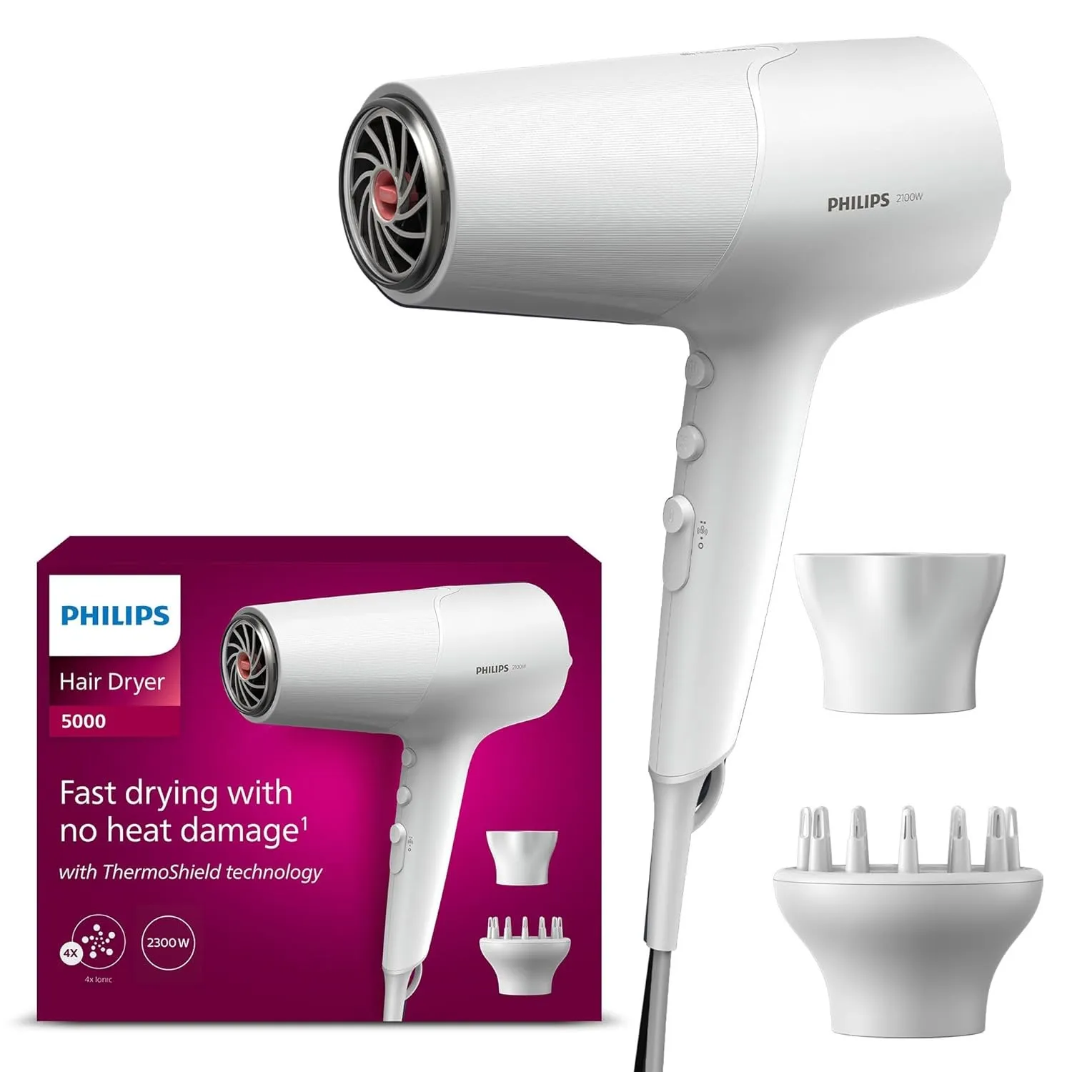 Philips Haartrockner 5000 Series, ThermoShield Technologie, Ionisierungsfunktion, 2.100 W, Weiß, mit Stylingdüse und Vo…