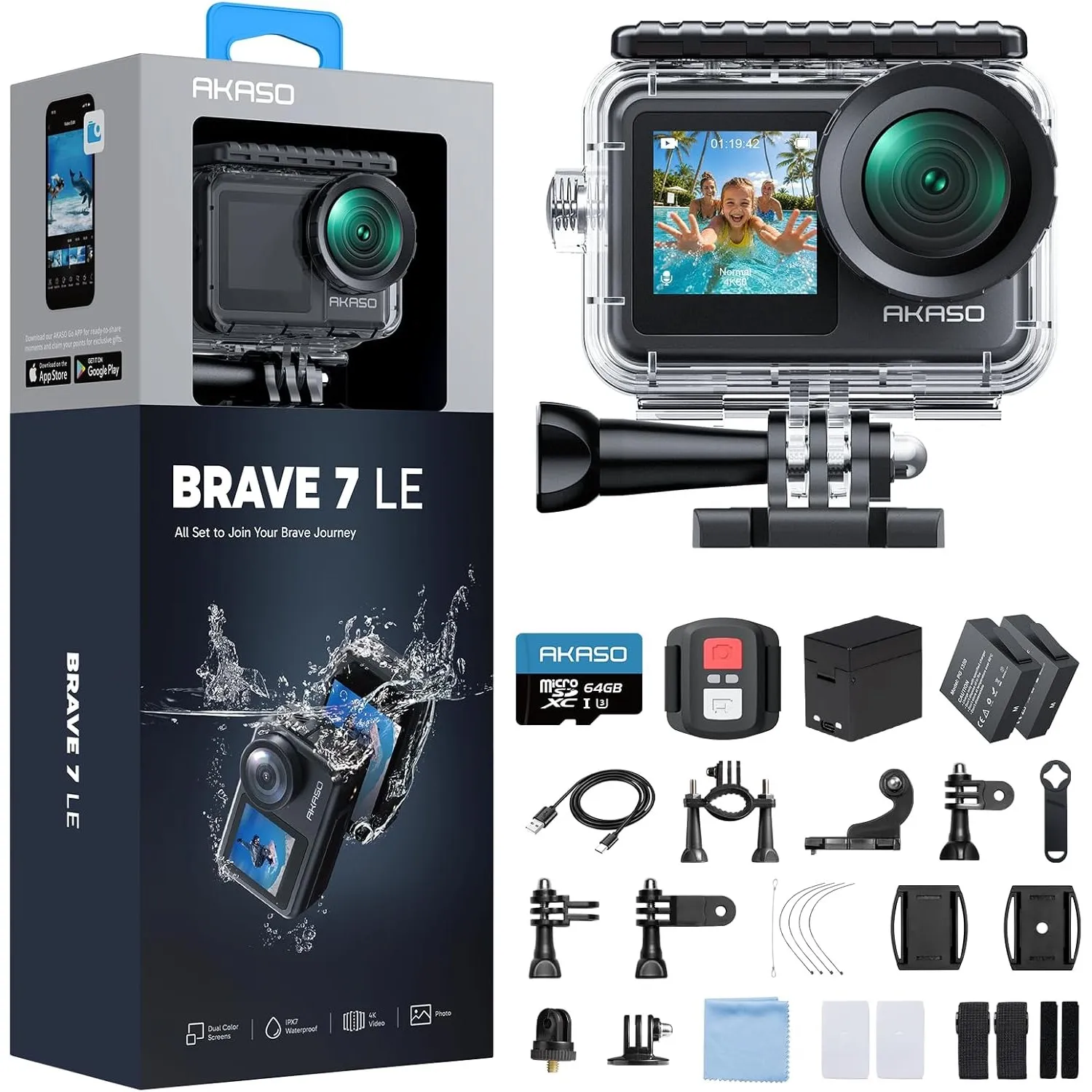 AKASO Brave 7 LE Action Cam 4K30FPS 20MP mit U3 64GB Speicherkarte Unterwasserkamera IPX7 Wasserdicht EIS 2.0 Dual Scre…