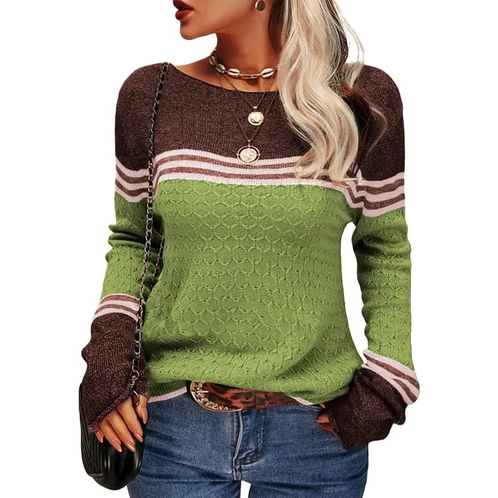 Tankaneo Damen Pullover Colorblock Langarm Rundhals Strickpullover