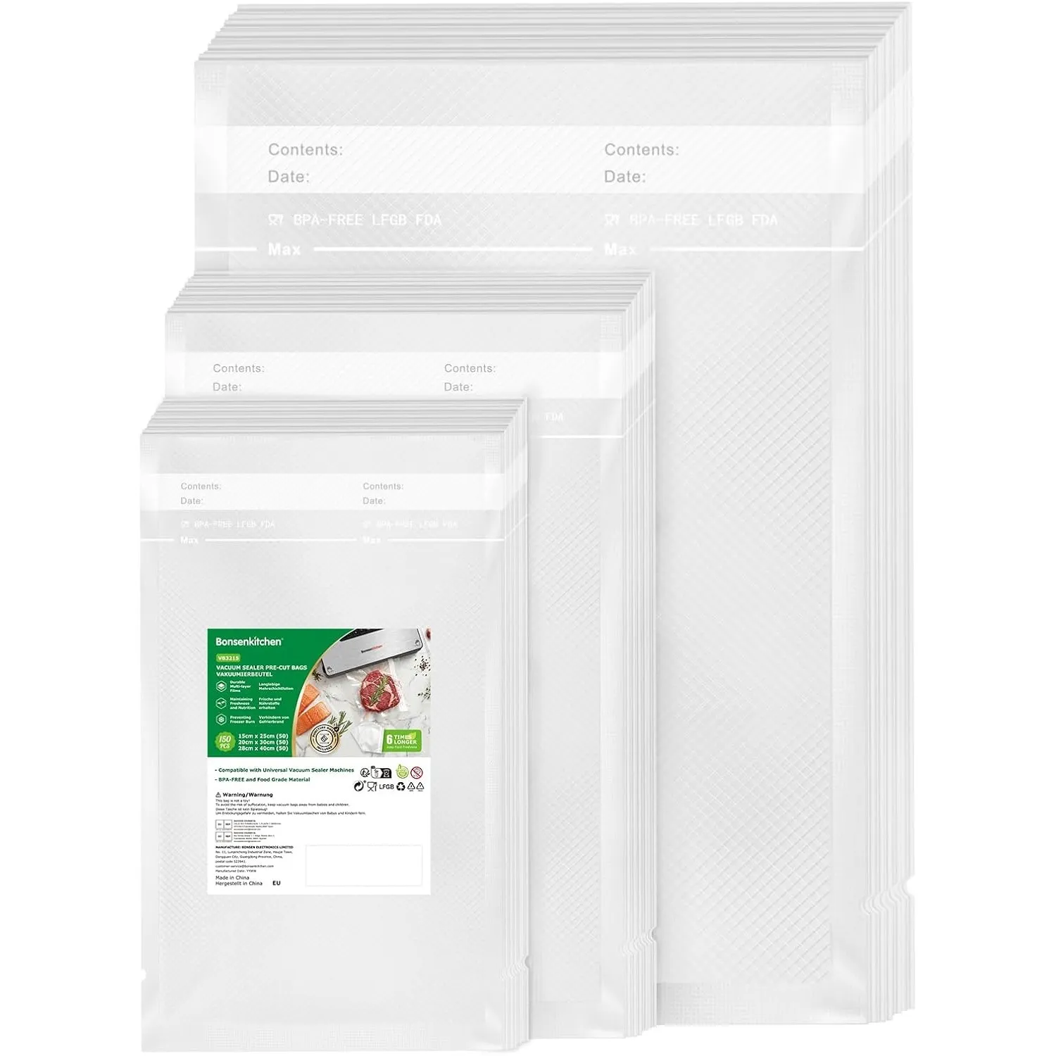 Bonsenkitchen Vakuumierbeutel 150 Beutel, 15x25cm+20x30cm+28x40cm, VB3215