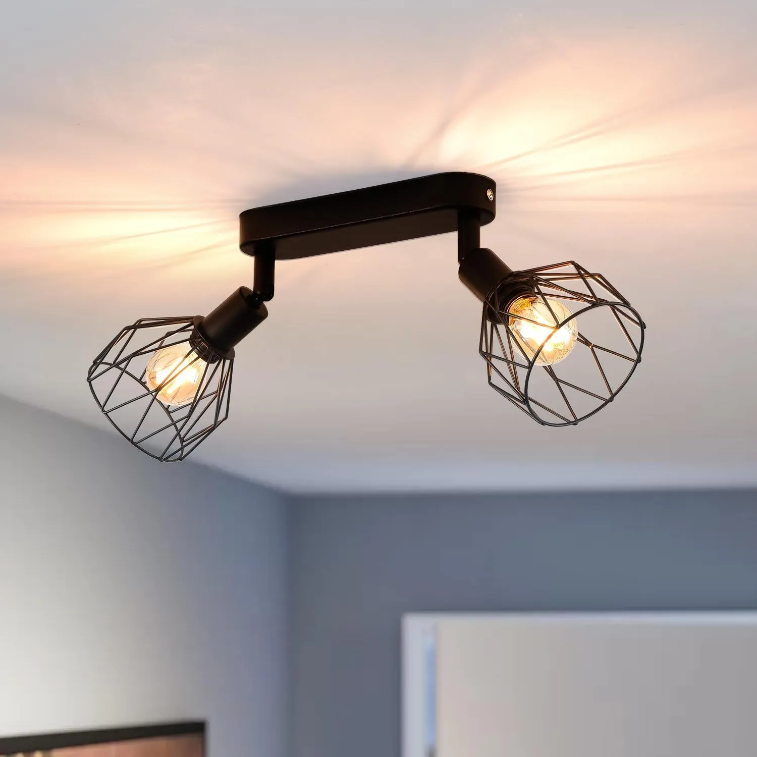 ANWIO Deckenstrahler 2 flammig Deckenlampe Schwarz E14 Drehbar, Vintage Deckenleuchte Schwarz, LED Deckenstrahler Spots…