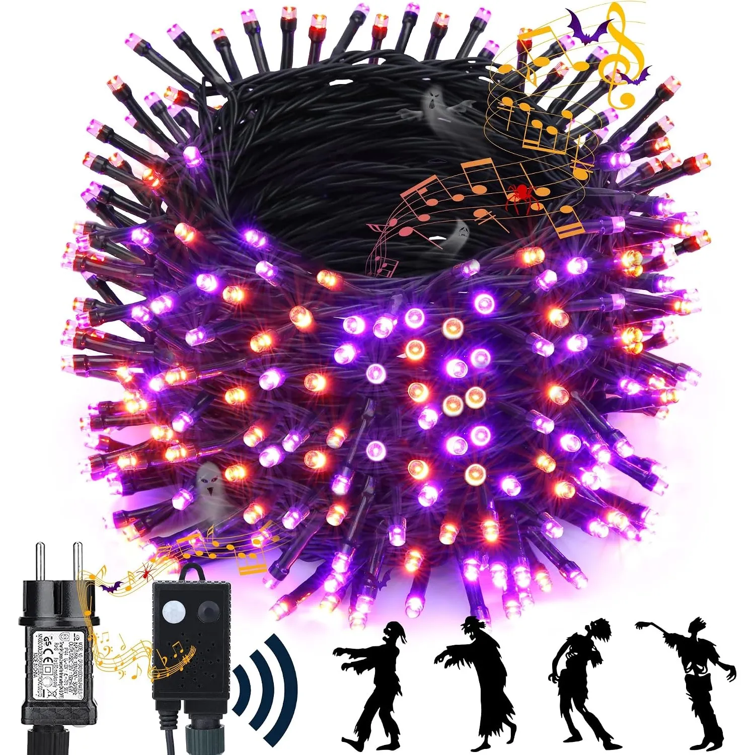 NEXVIN Halloween Deko Outdoor mit Lichterkette und Horror Sound, 20M 200LED Halloween Lichterkette Lila Orange, Memory …