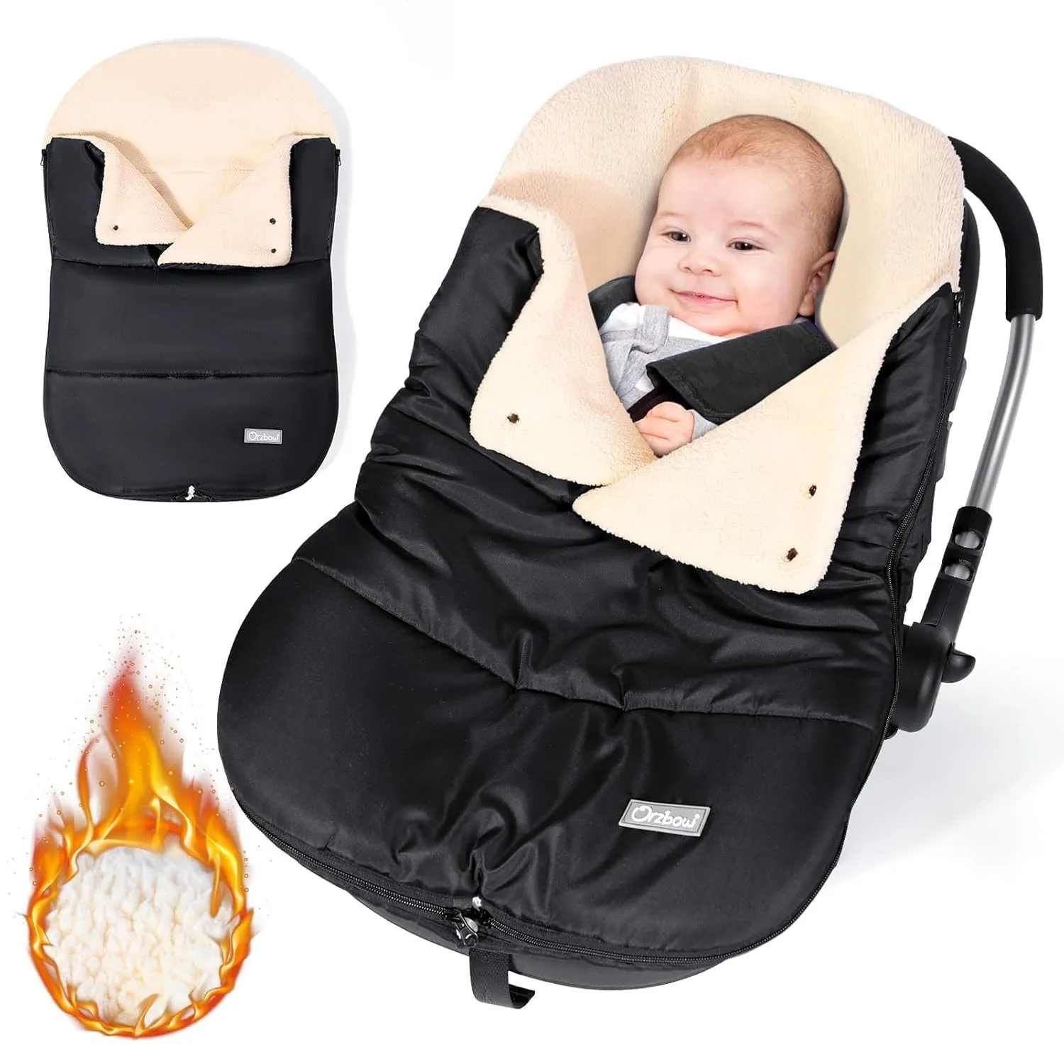 Orzbow Fußsack Babyschale Winter mit Verstellbarem Kragen, Seidenschwarz