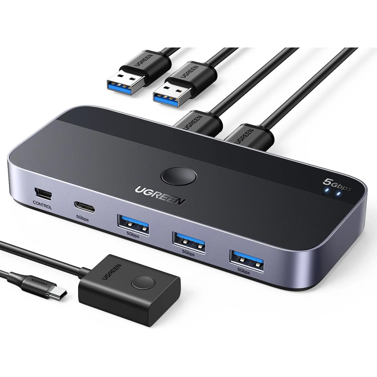UGREEN USB Switch 2PC mit 1C3A 3.0 Ports, 2 In 4 Out USB Umschalter Alugehäuse mit Desktop-Kontroller, 2*A auf A Kabeln…