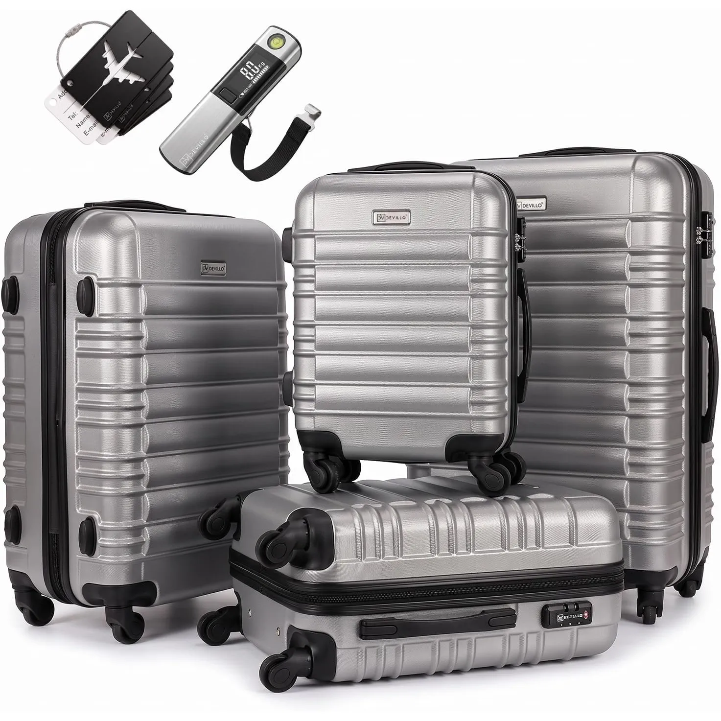 Devillo® Hartschalenkofferset Kofferset 4tlg. S-M-L-XL, Silber - Hard Shell Trolley Koffer Reisekoffer Reisekofferset G…