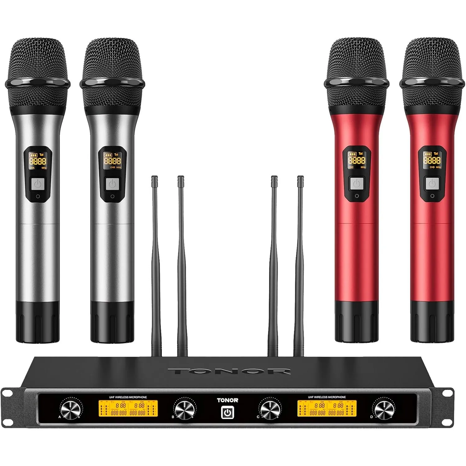 TONOR UHF Funkmikrofon Set, professionelles dynamisches Drahtlos-4er-Mikrofonsystem mit 4 Handmikrofonen, Karaoke-Set f…