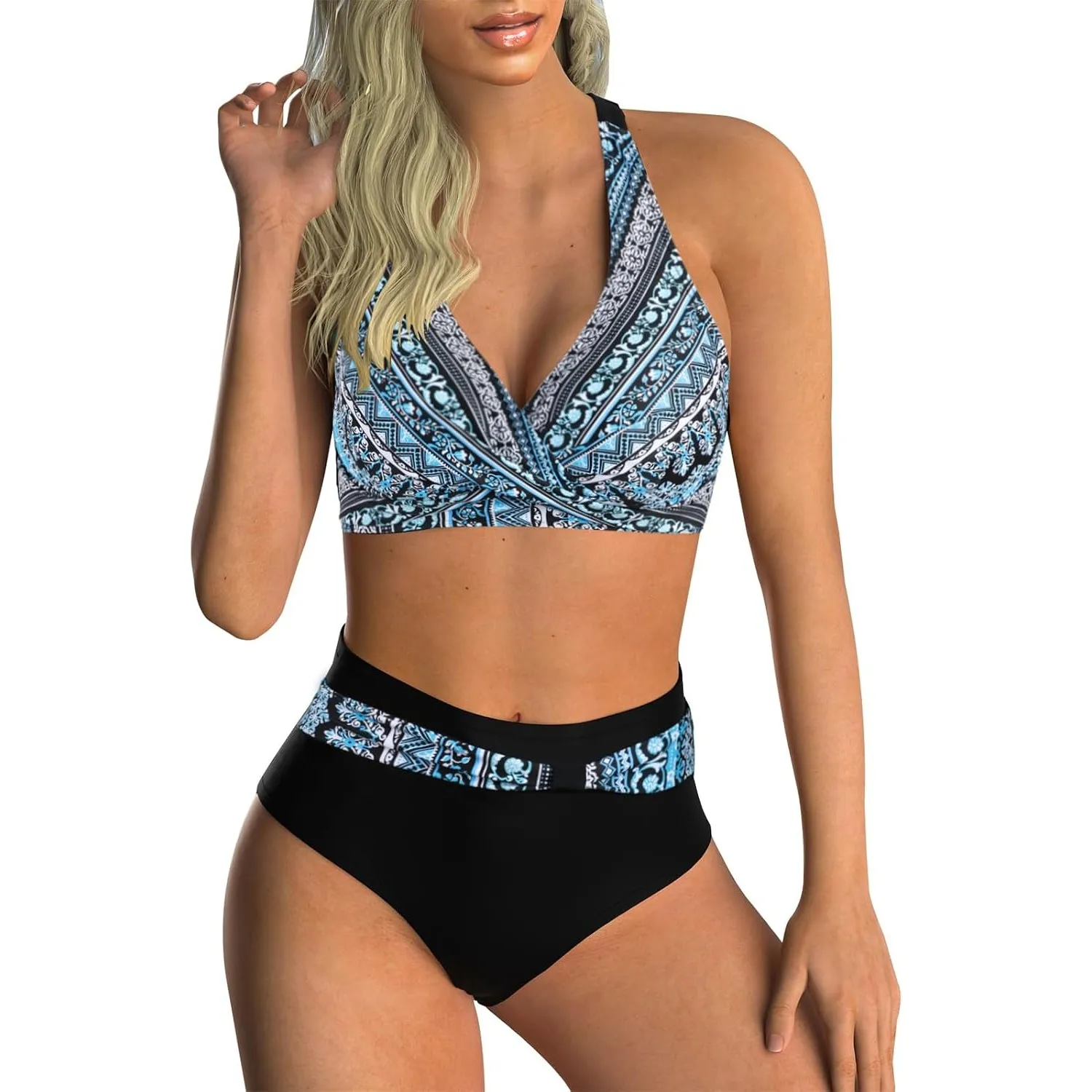 Adigaber Damen Zweiteiliger Badeanzug V Ausschnitt überkreuztes Blumenmuster Bikini Bademode Bauchkontrolle Bikini Sets