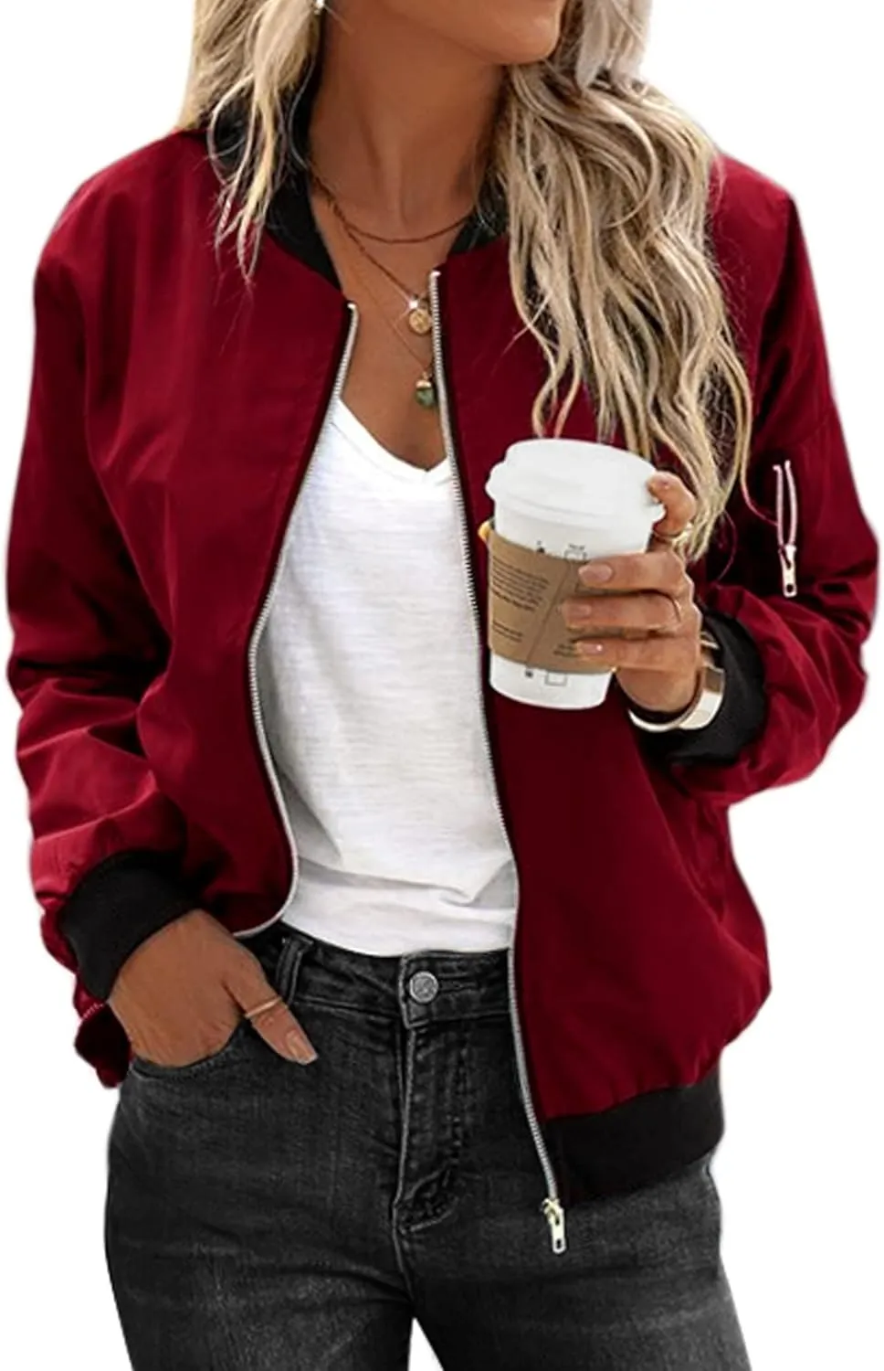 Zeagoo Bomberjacke Damen Kurze Blouson Jacke Casual Pilotenjacke Langarm Outwear Zip Up Solid Leichte Coat Sweatjacke
