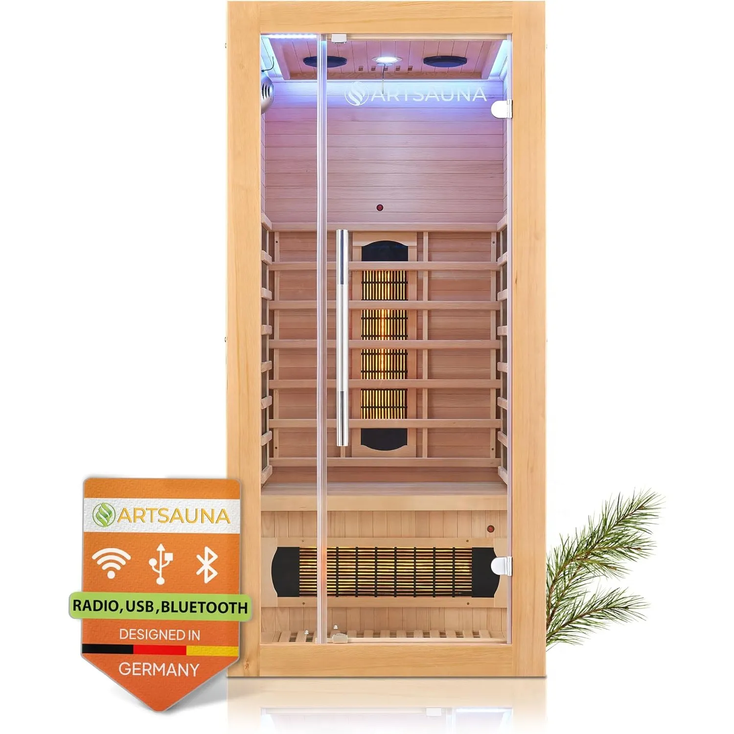 Artsauna Infrarotkabine Kiruna90 mit 4 Vollspektrum- & 3 Flächenstrahler, 1 Person, 90 x 90 x 190 cm, LED Farblicht & G…