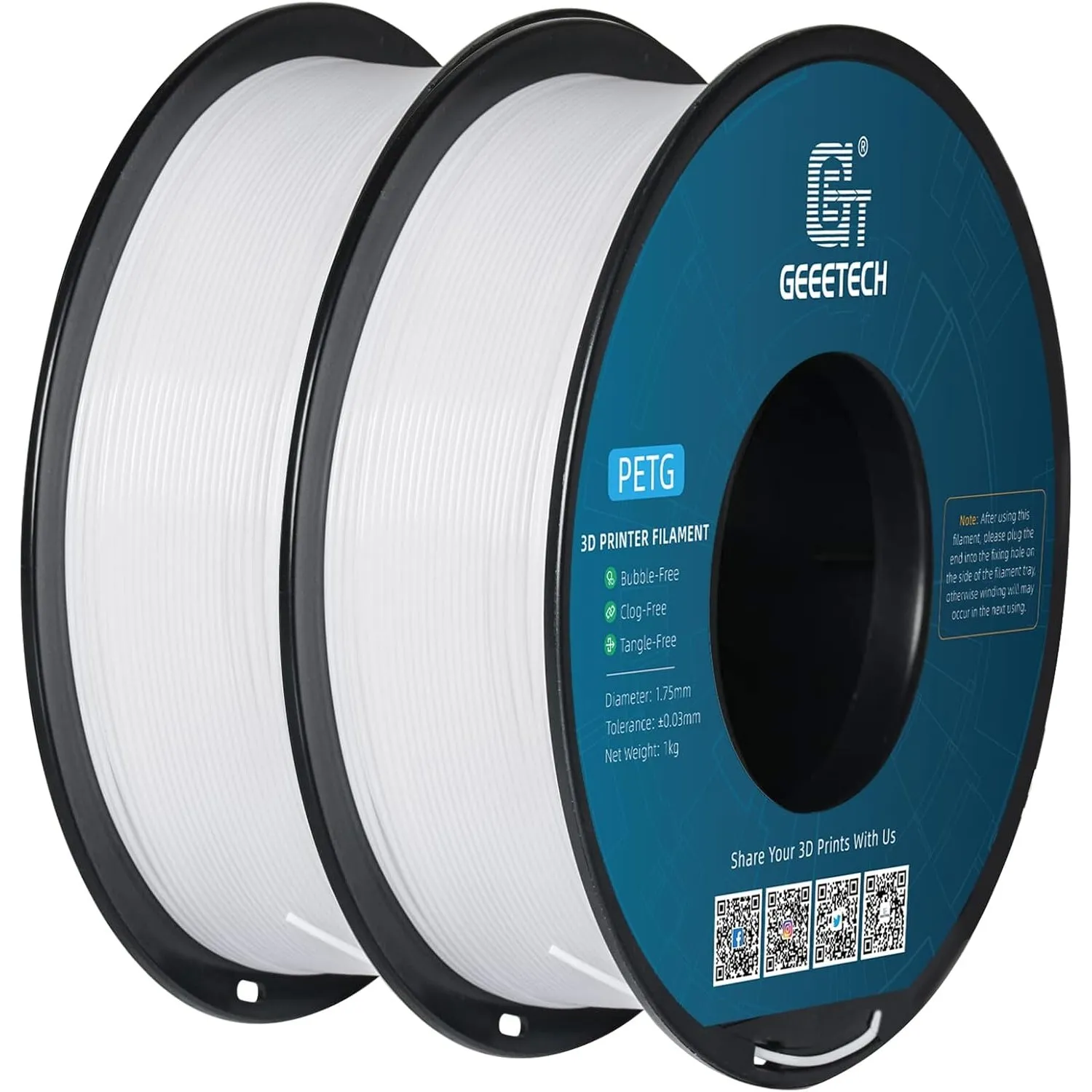 GEEETECH PETG Filament 1,75 mm, 3D Drucker Filament,1 kg pro Spule, 2 Spulen, Weiß-Weiß