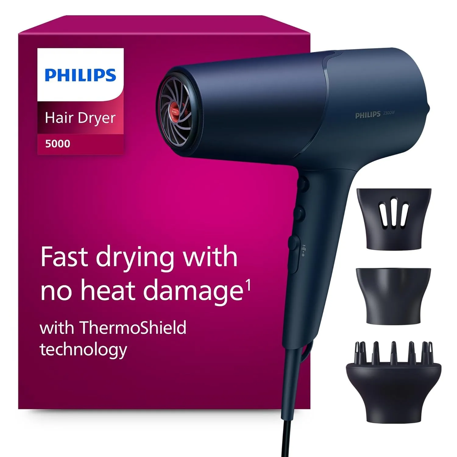 Philips Haartrockner 5000 Series, ThermoShield Technologie, Ionisierungsfunktion, 2.300 W, Metallic-Blau, mit 9-mm- und…