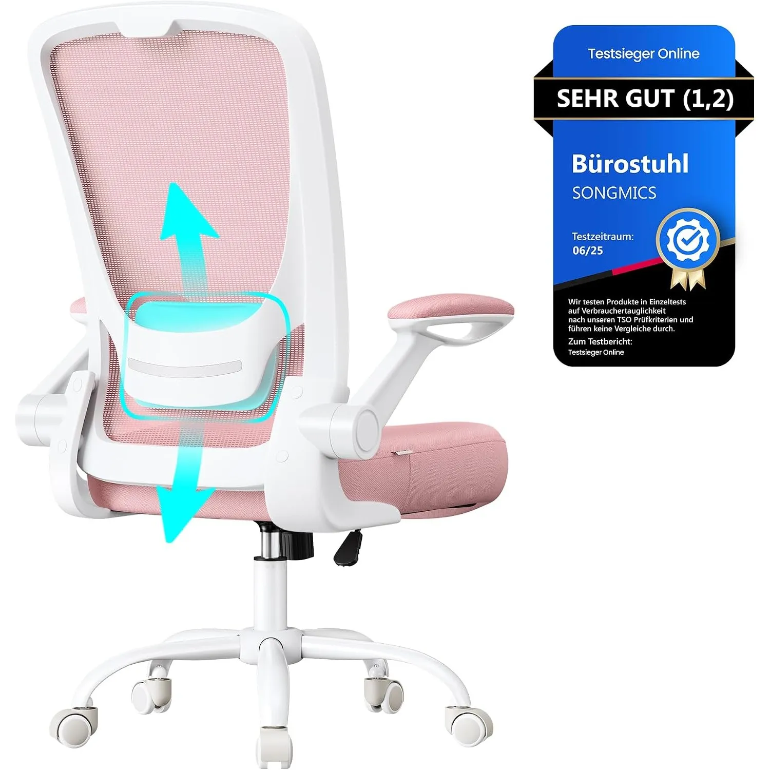 SONGMICS Bürostuhl ergonomisch, Drehstuhl mit Mesh, Lendenstütze, Wippfunktion, 53 cm große Sitzfläche, klappbare Armle…