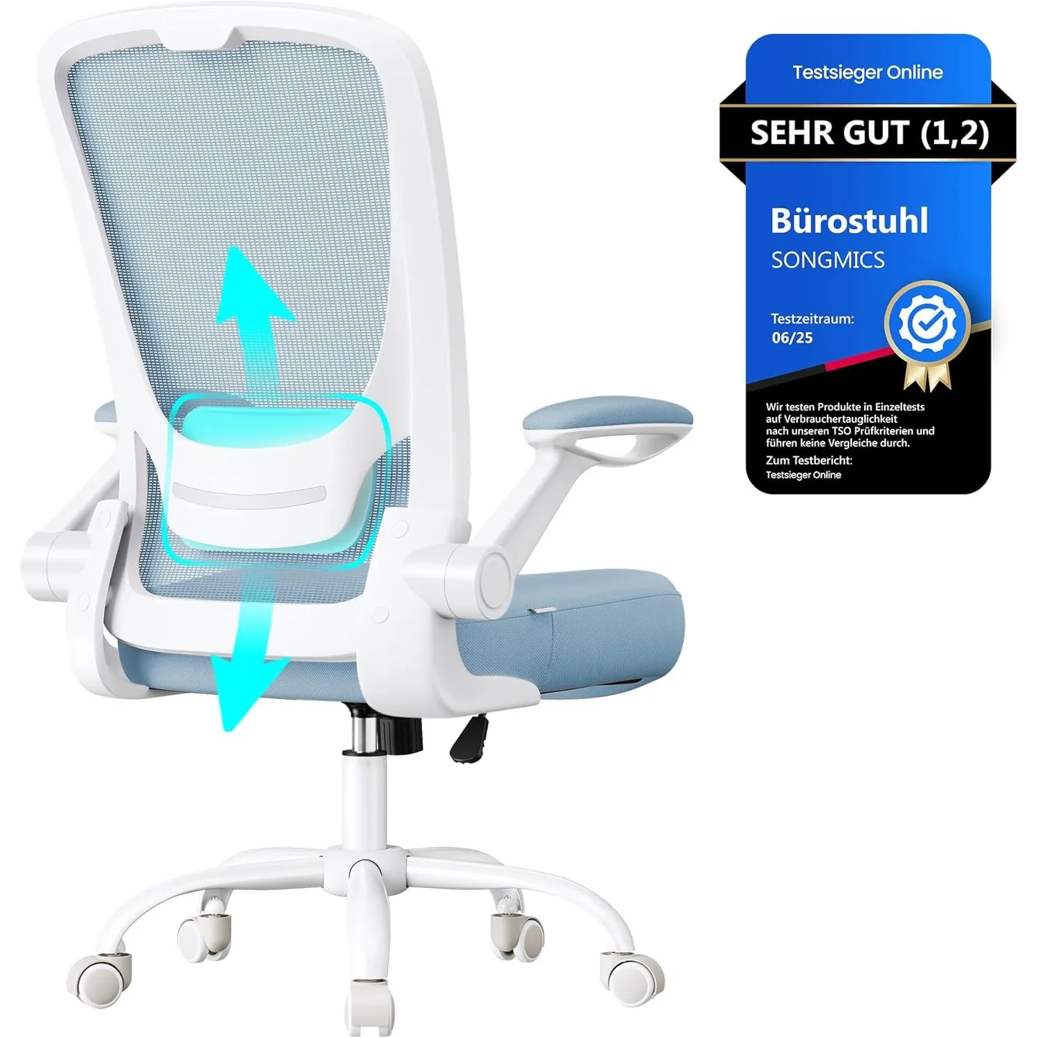 SONGMICS Bürostuhl ergonomisch, Drehstuhl mit Mesh, Lendenstütze, Wippfunktion, 53 cm große Sitzfläche, klappbare Armle…