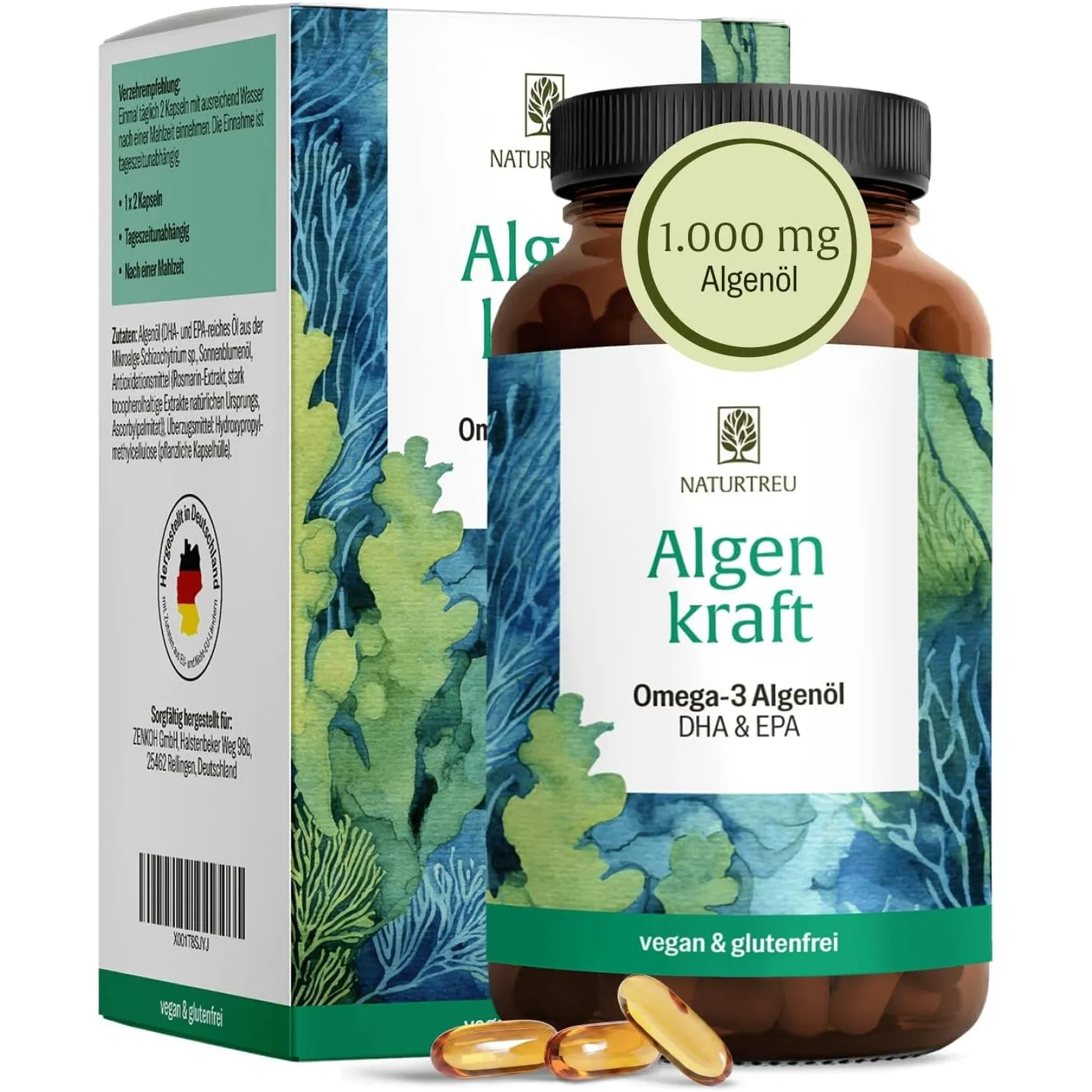 NATURTREU® Omega 3 Vegan aus Algenöl – 1000mg Omega 3 Algenöl