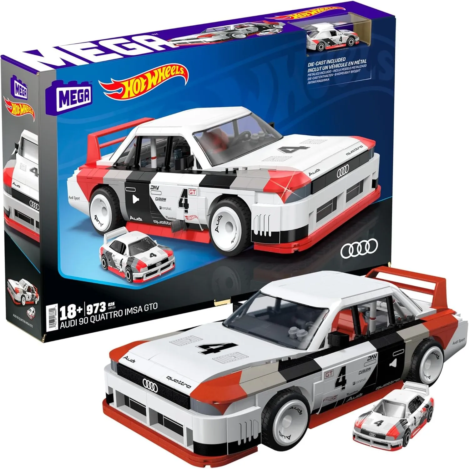 MEGA Hot Wheels zusammenbaubares Autospielzeug zum Sammeln, Audi 90 Quattro IMSA GTO mit 973 Teilen und Die-Cast-Modell…