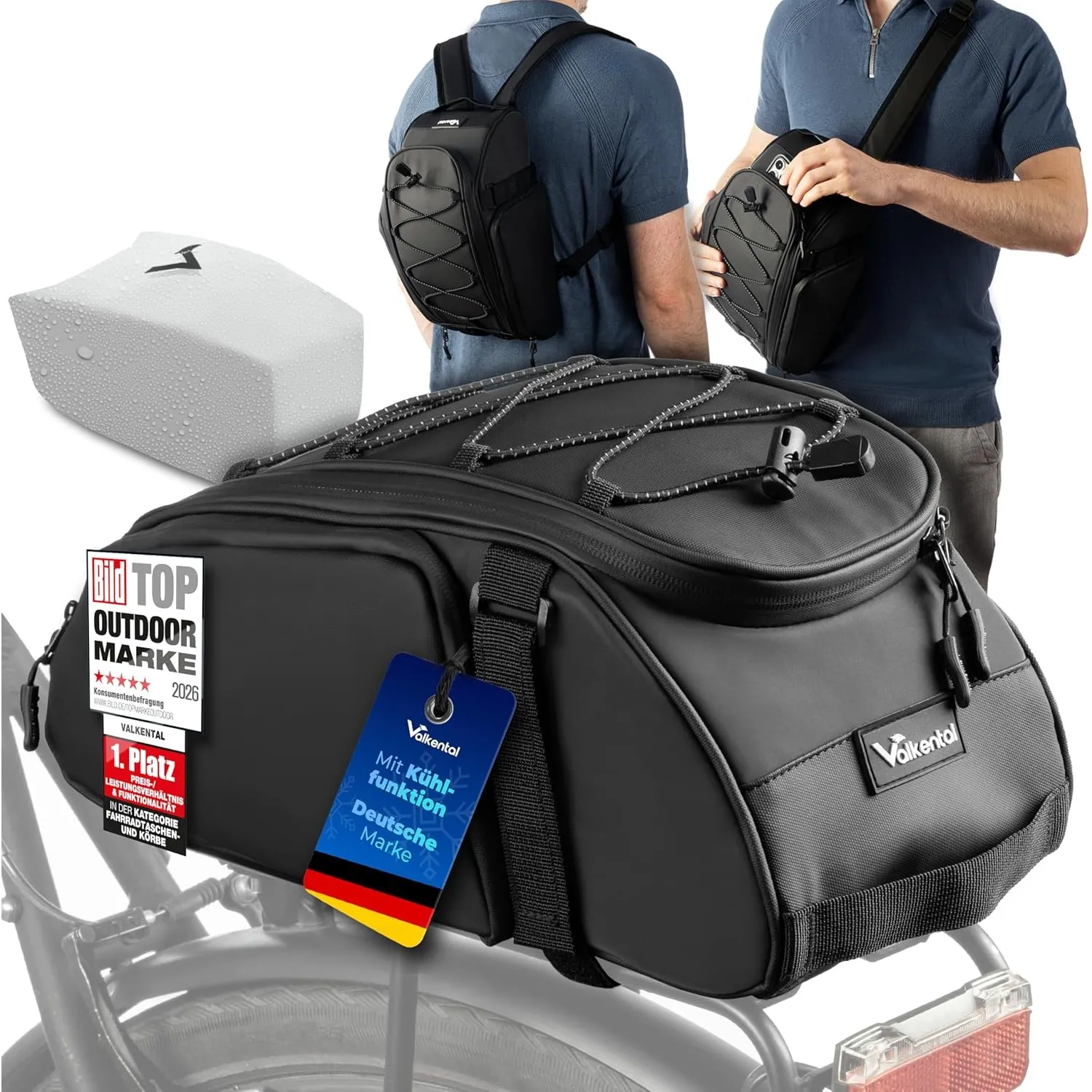 Valkental 3in1 Fahrradtasche für Gepäckträger mit Rucksackfunktion - 10-14L Volumen - Gepäckträgertasche mit zahlreiche…