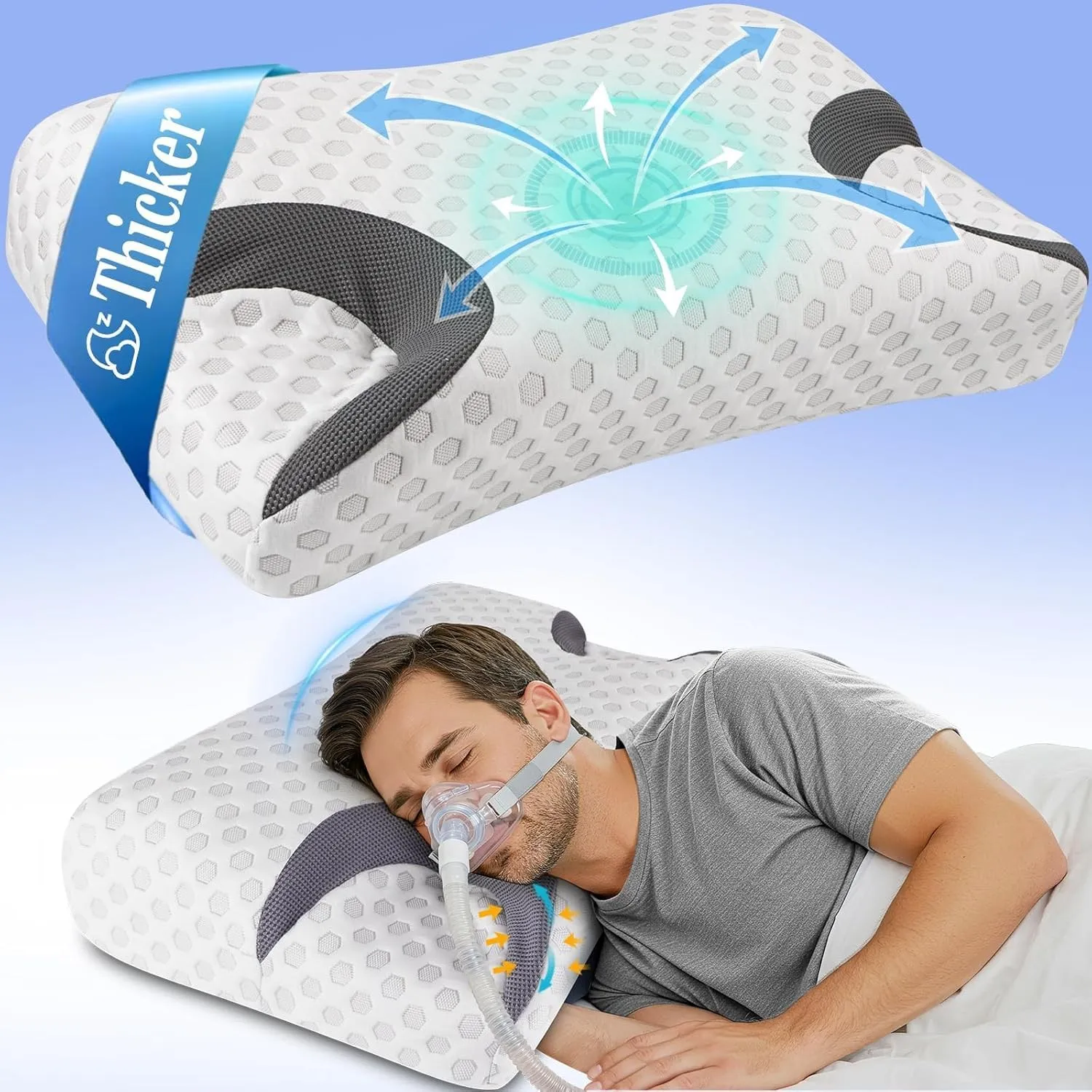 CPAP Kissen für Seitenschläfer, flacheres Memory Foam Kopfkissen für CPAP Masken, ergonomisches Nackenstützkissen gegen…