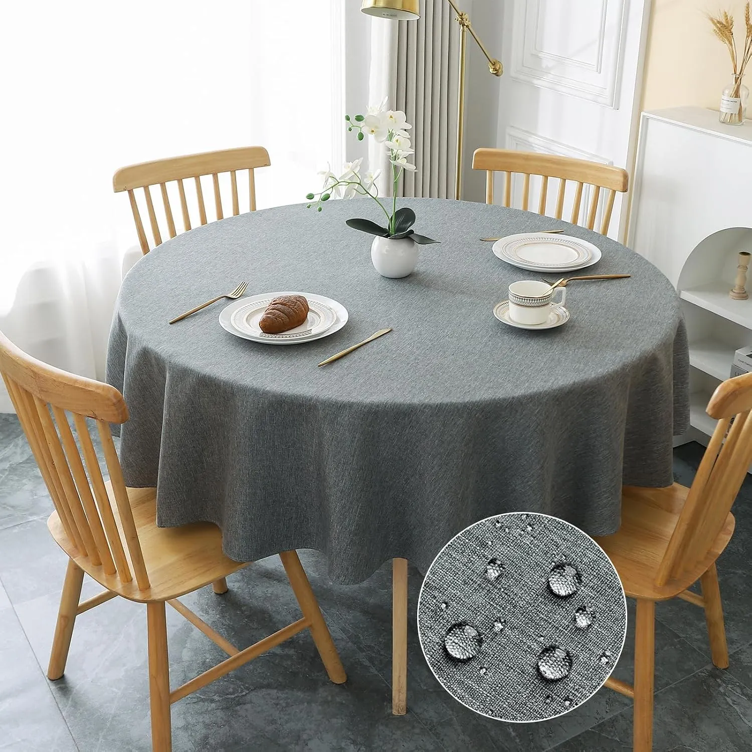AooHome Tischdecke Rund Φ180cm, Grau Tischdecken Abwaschbar Leinen-Optik Tischtuch aus Polyester Wasserabweisend mit Lo…