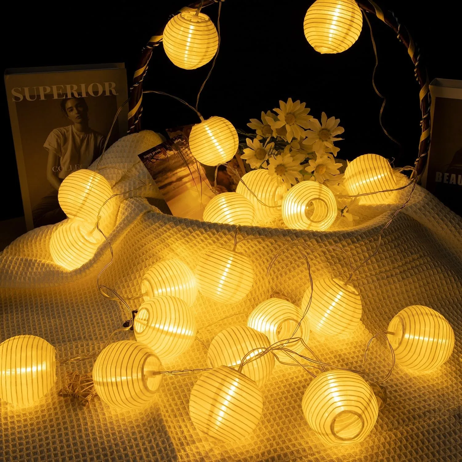 A.bigwhale Lampion Lichterkette Batterie, Warmweiß 16 LED Lanterne Lichterketten Außen, Lampions Outdoor Wetterfest 5m …