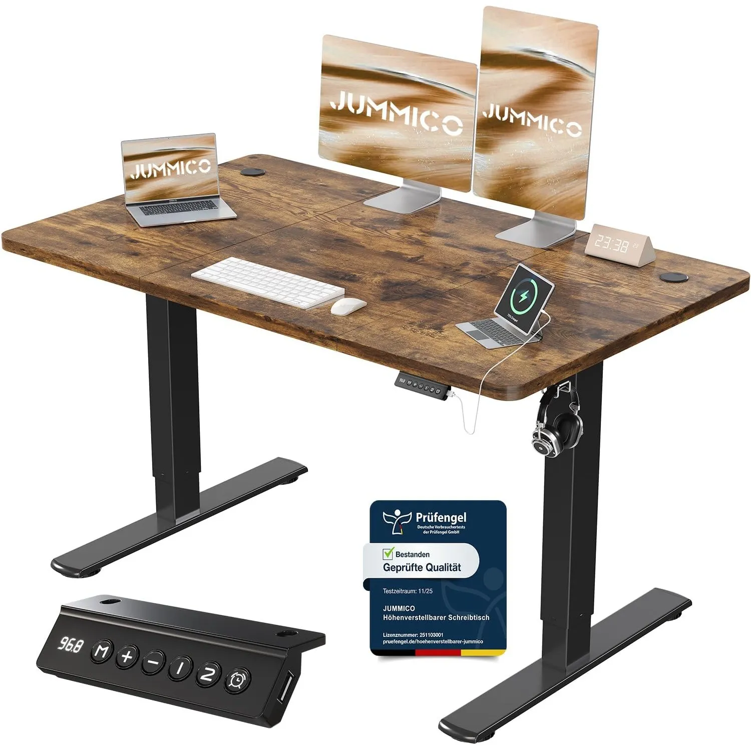 JUMMICO Höhenverstellbarer Schreibtisch 120 x 60 cm, USB-A-Anschluss | Schreibtisch Höhenverstellbar Elektrisch, Erinne…