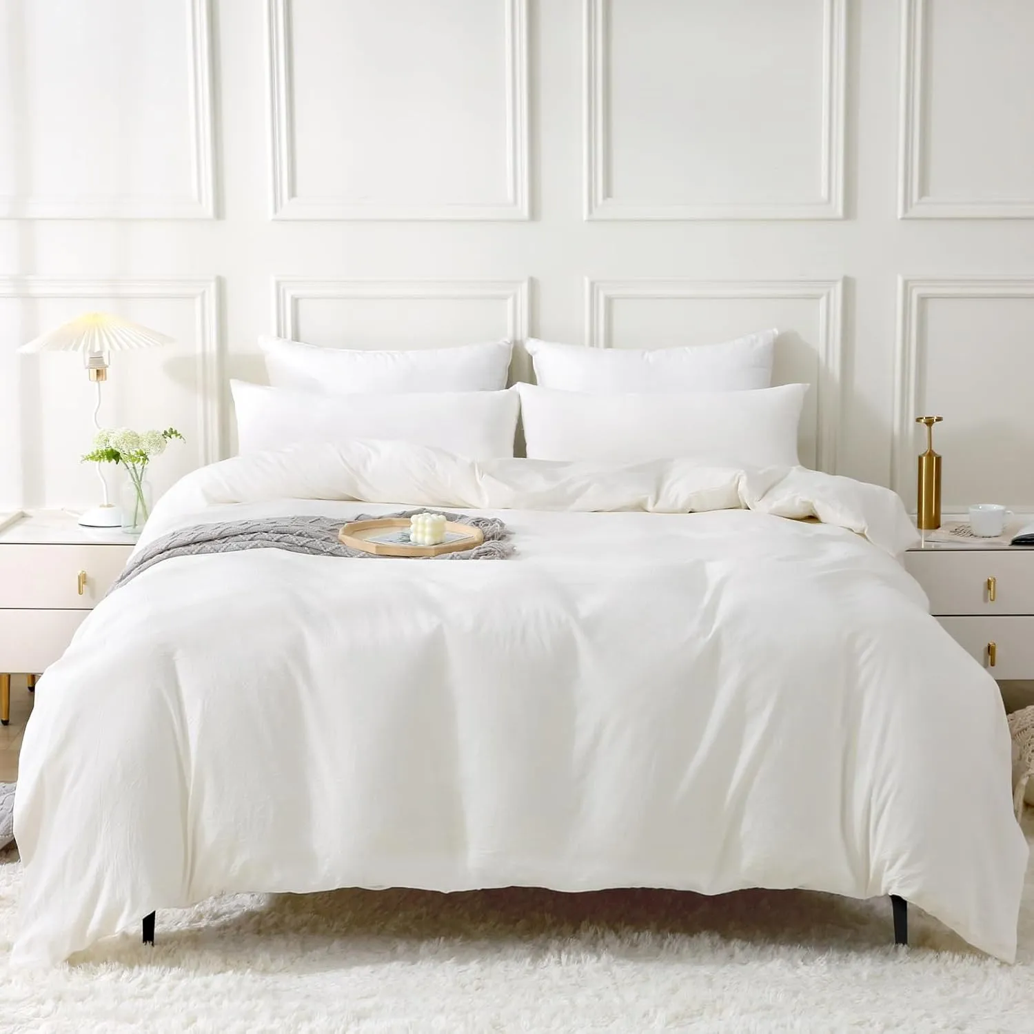 SOULFUL Bettwäsche 220x240 Baumwolle 3 Teilig, Bettwäsche-Sets Milky White mit Reißverschluss, Ähnliche Textur wie Ston…