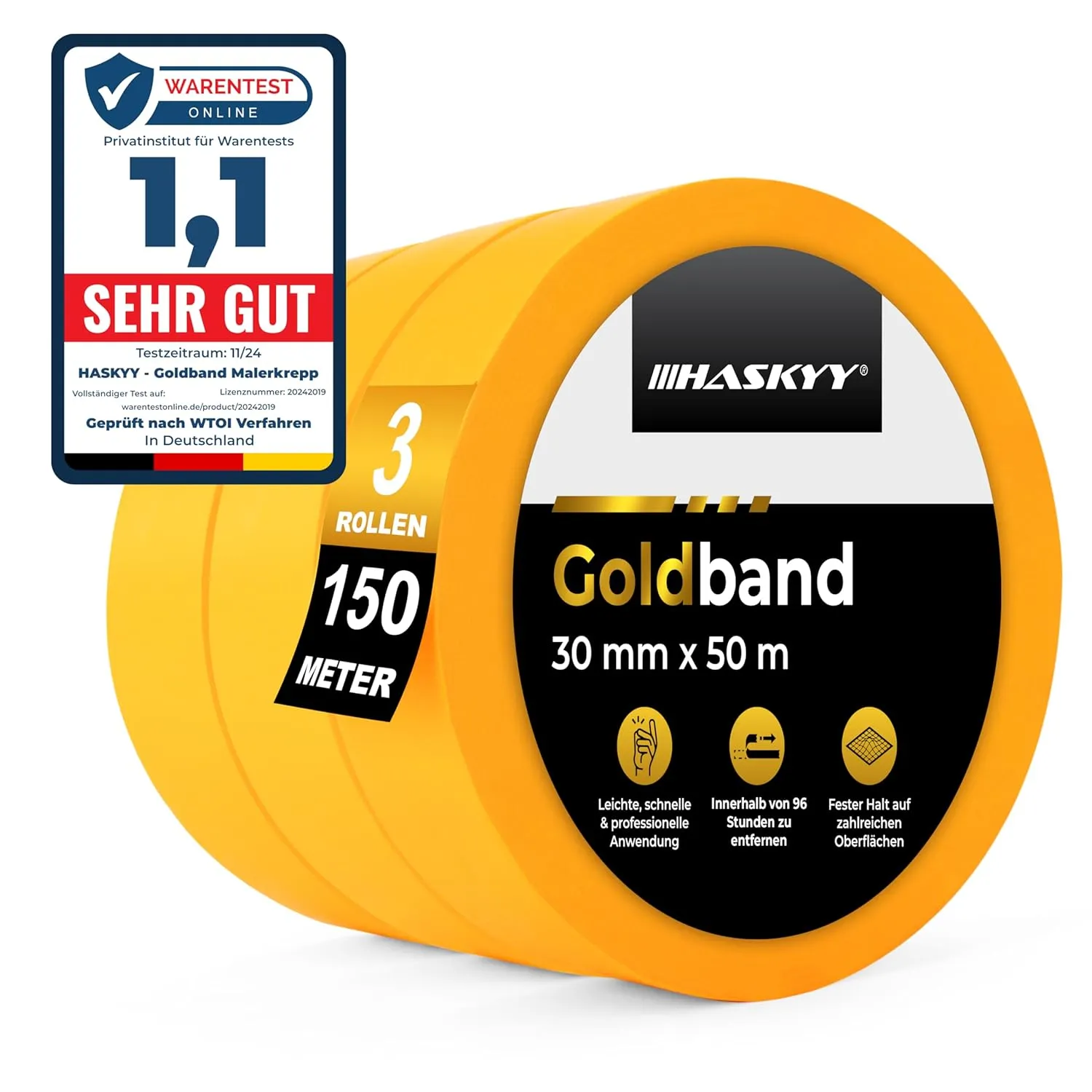 HASKYY Goldband Malerkrepp Kreppband 3x Malerband 30mm x 50m Profi Abdeckband Malertape Klebeband Washi Tape Gold Papie…
