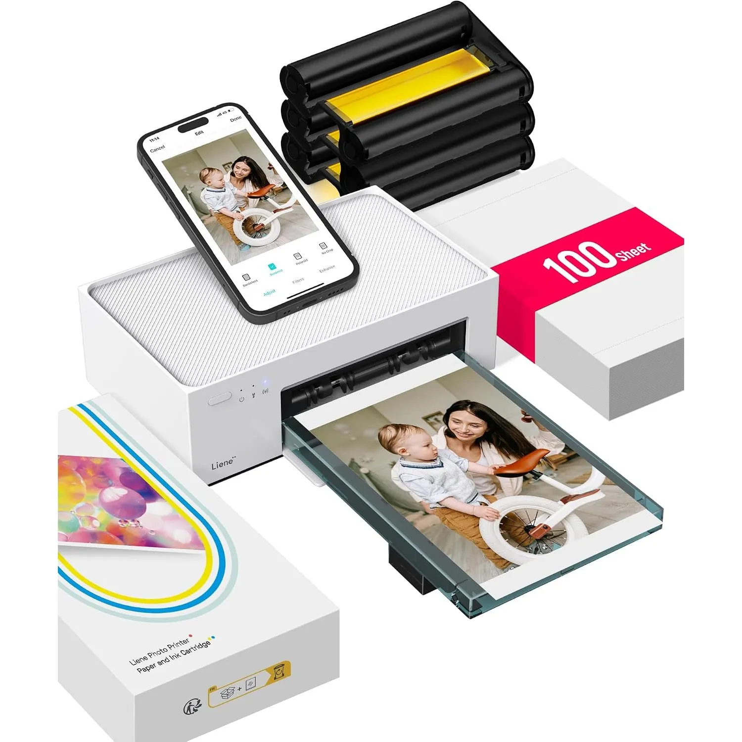 Liene Fotodrucker für Smartphone(10x15 cm)+Set mit 2 Packungen(20+80 Blatt) Fotopapier/Patrone,WiFi Handy Fotodrucker f…
