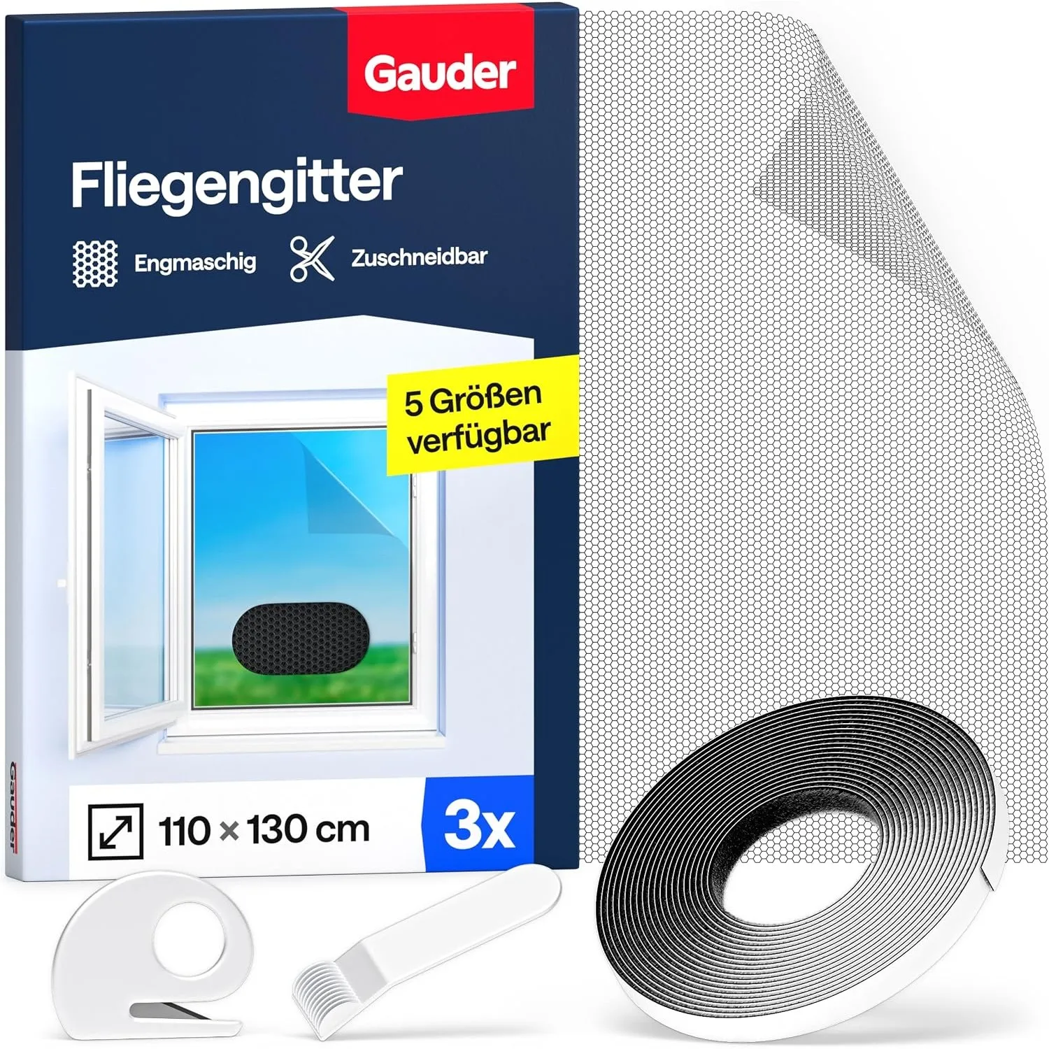 GAUDER Fliegengitter Fenster, Insektenschutz ohne Bohren (3 Stk, 110x130cm)