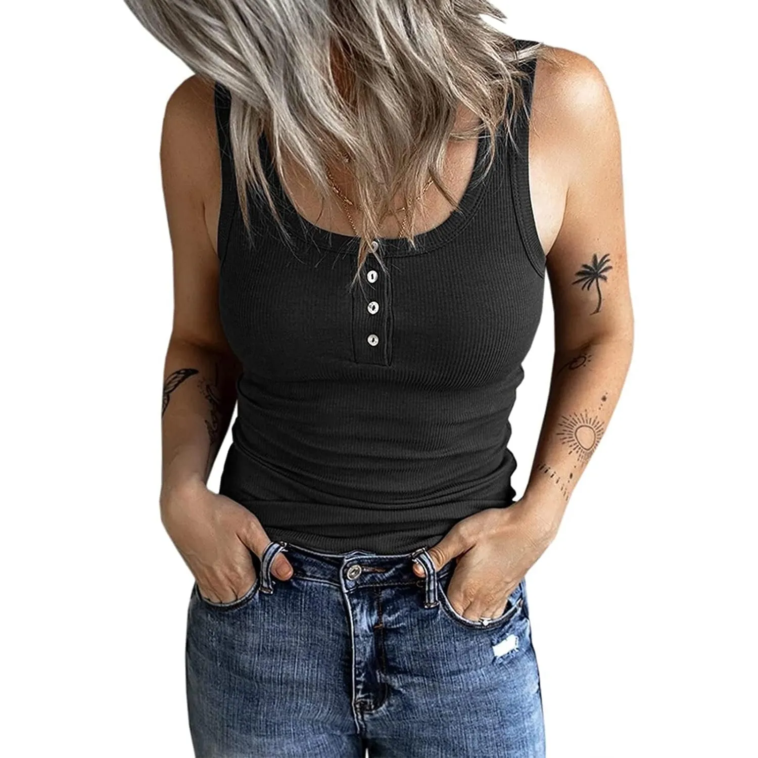 Fessceruna Damen Tops Sexy U-Ausschnitt Tank top Ärmellos Sommer Oberteile Gerippt Camisole mit Knöpfen