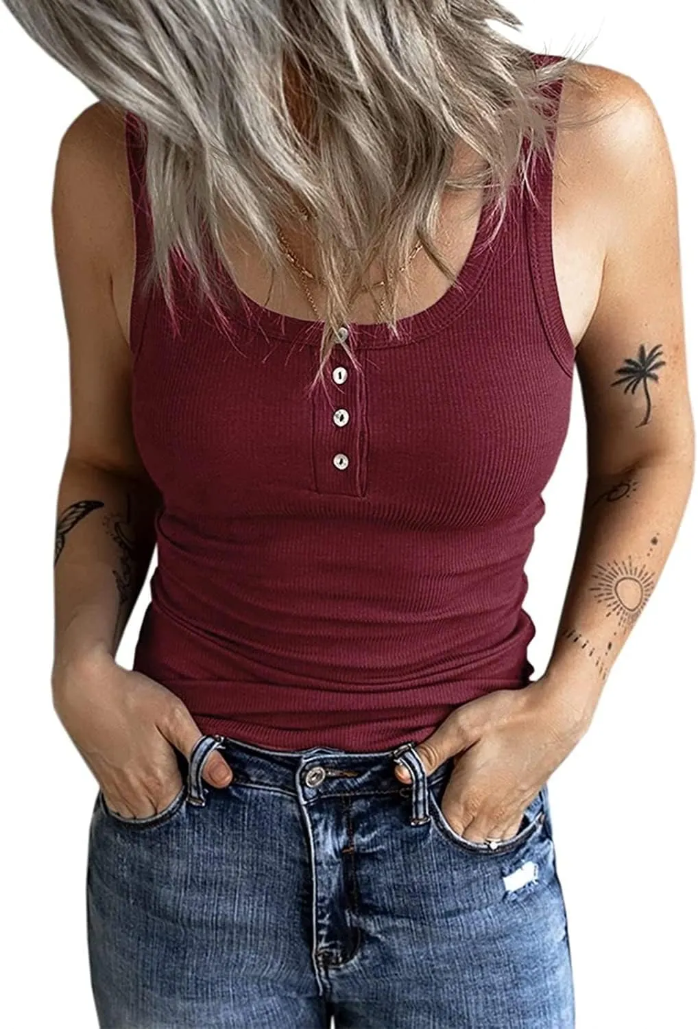 Fessceruna Women's Top, Sexy Scoop Neck, Tank Top, Sleeveless Summer Top, Ribbed Camisole with Buttons
